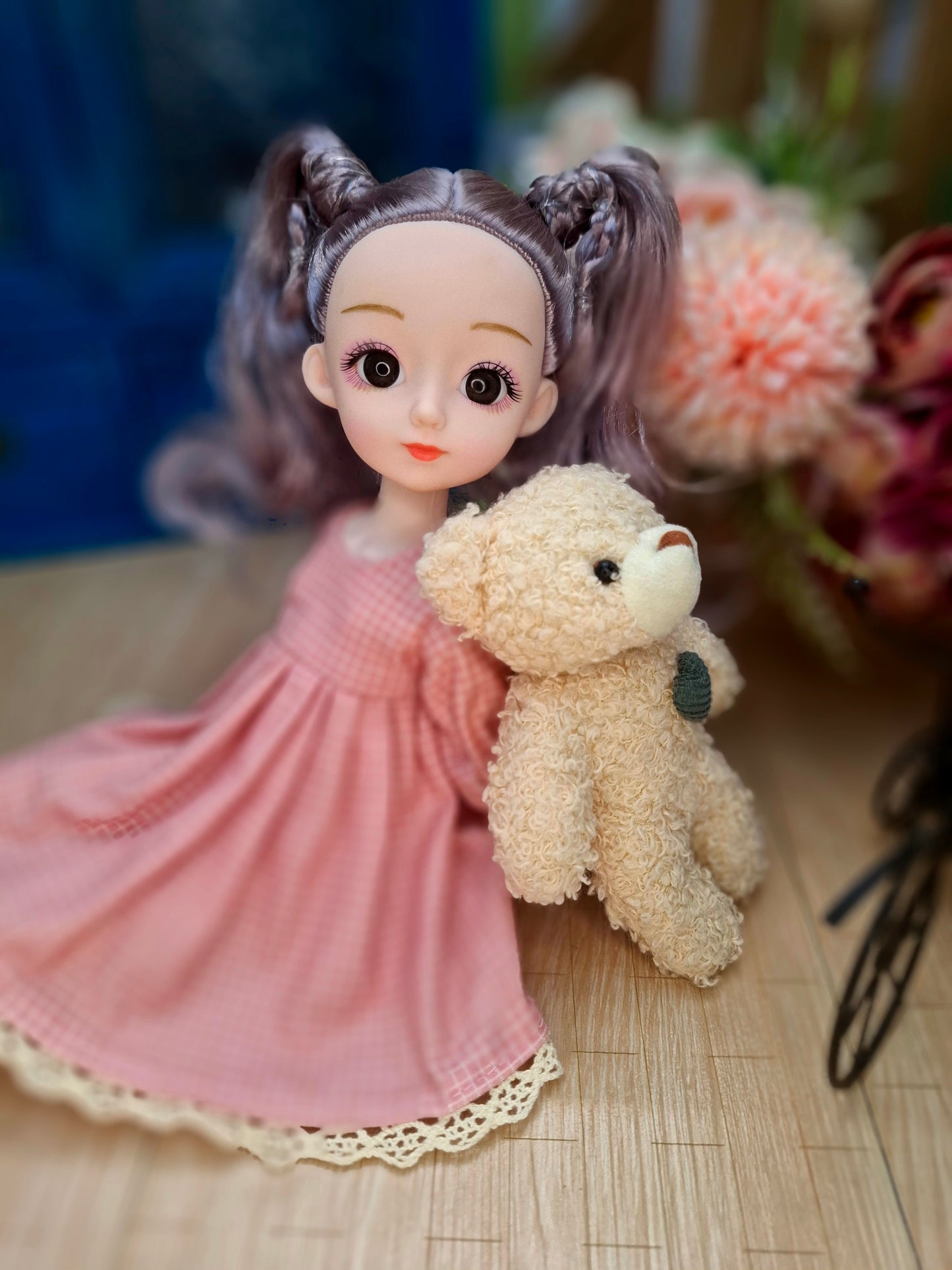 Linda the Waldorf Doll with grey hair in pink cottage dress 30cm BJD Doll
