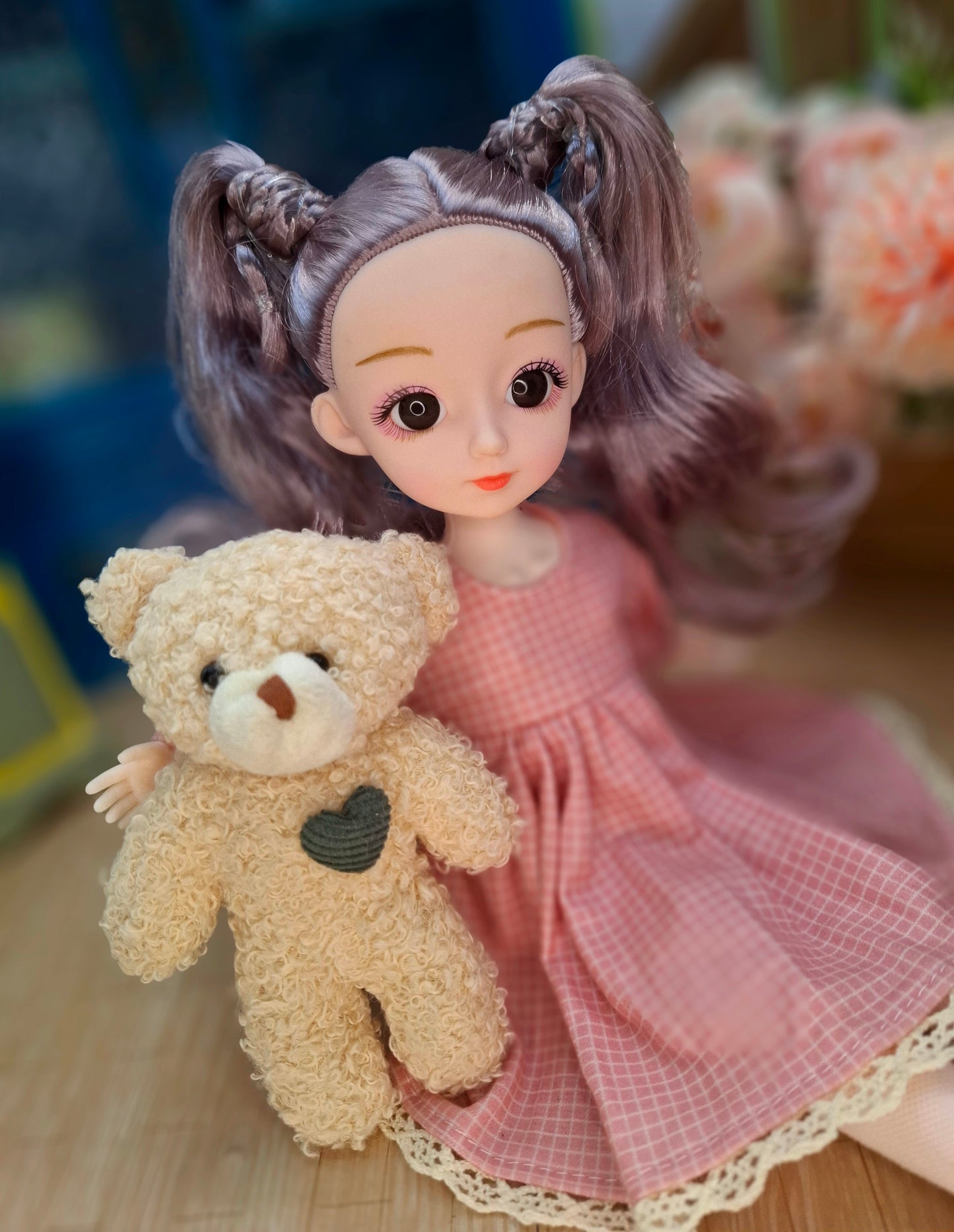 Linda the Waldorf Doll with grey hair in pink cottage dress 30cm BJD Doll
