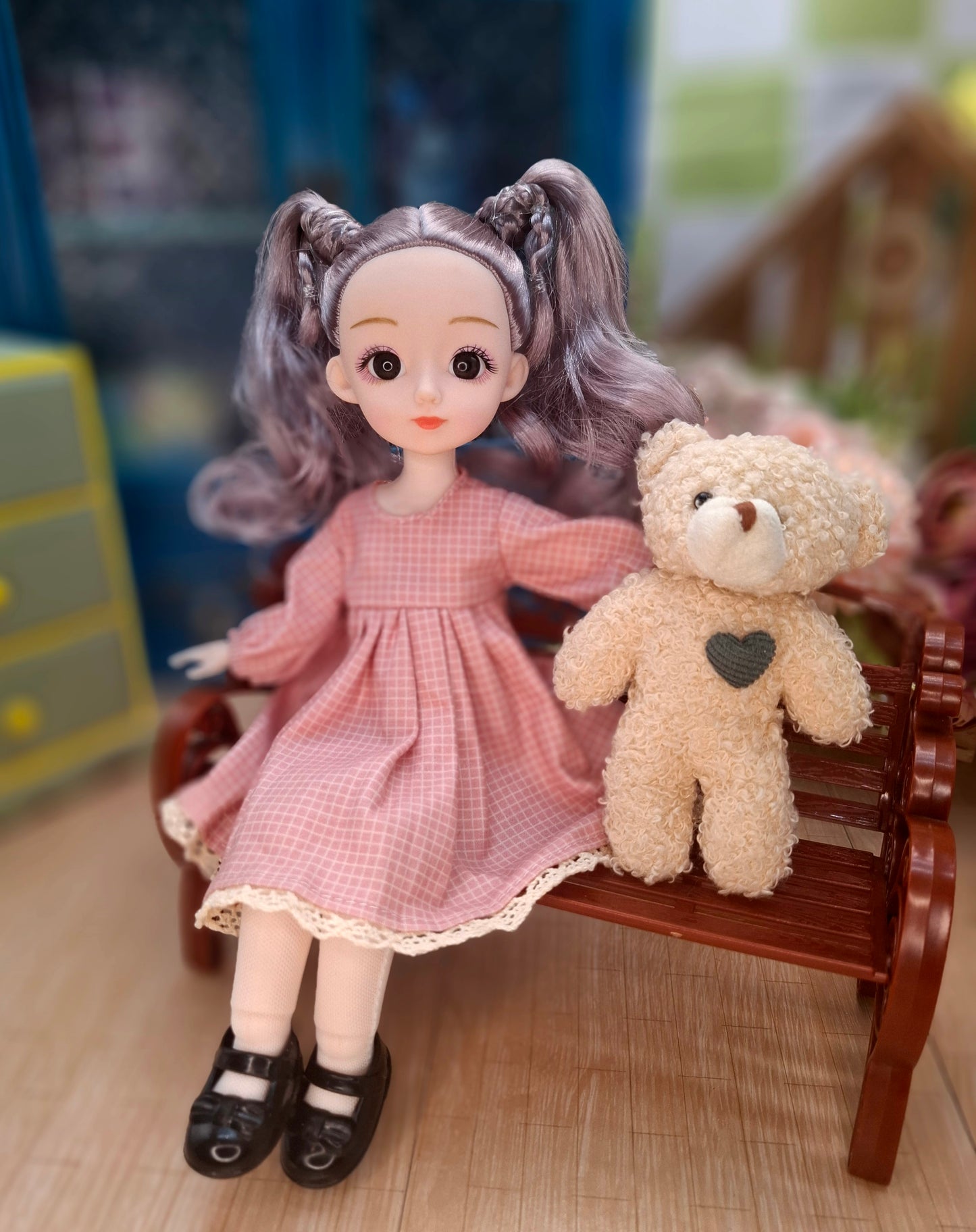 Linda the Waldorf Doll with grey hair in pink cottage dress 30cm BJD Doll