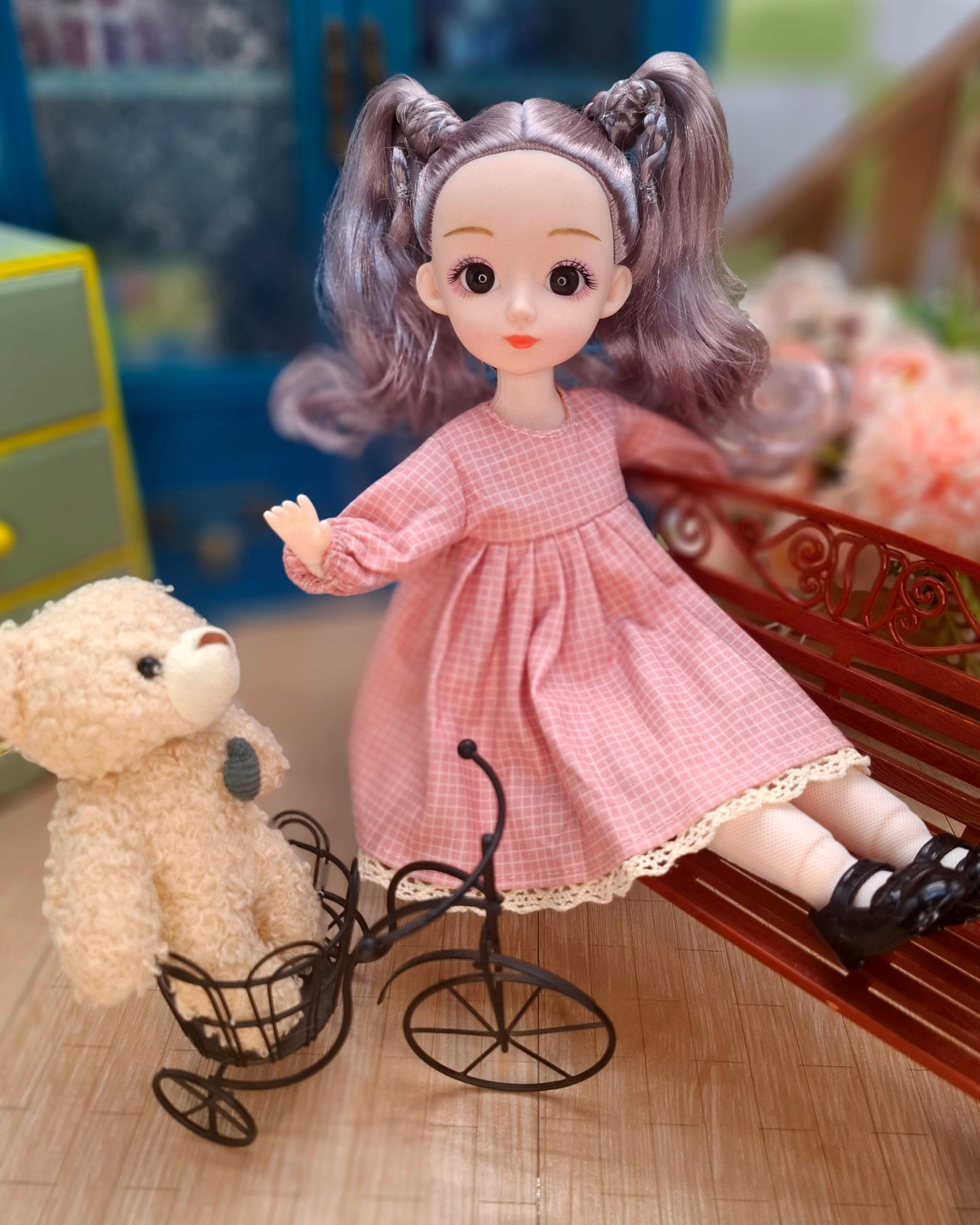Linda the Waldorf Doll with grey hair in pink cottage dress 30cm BJD Doll
