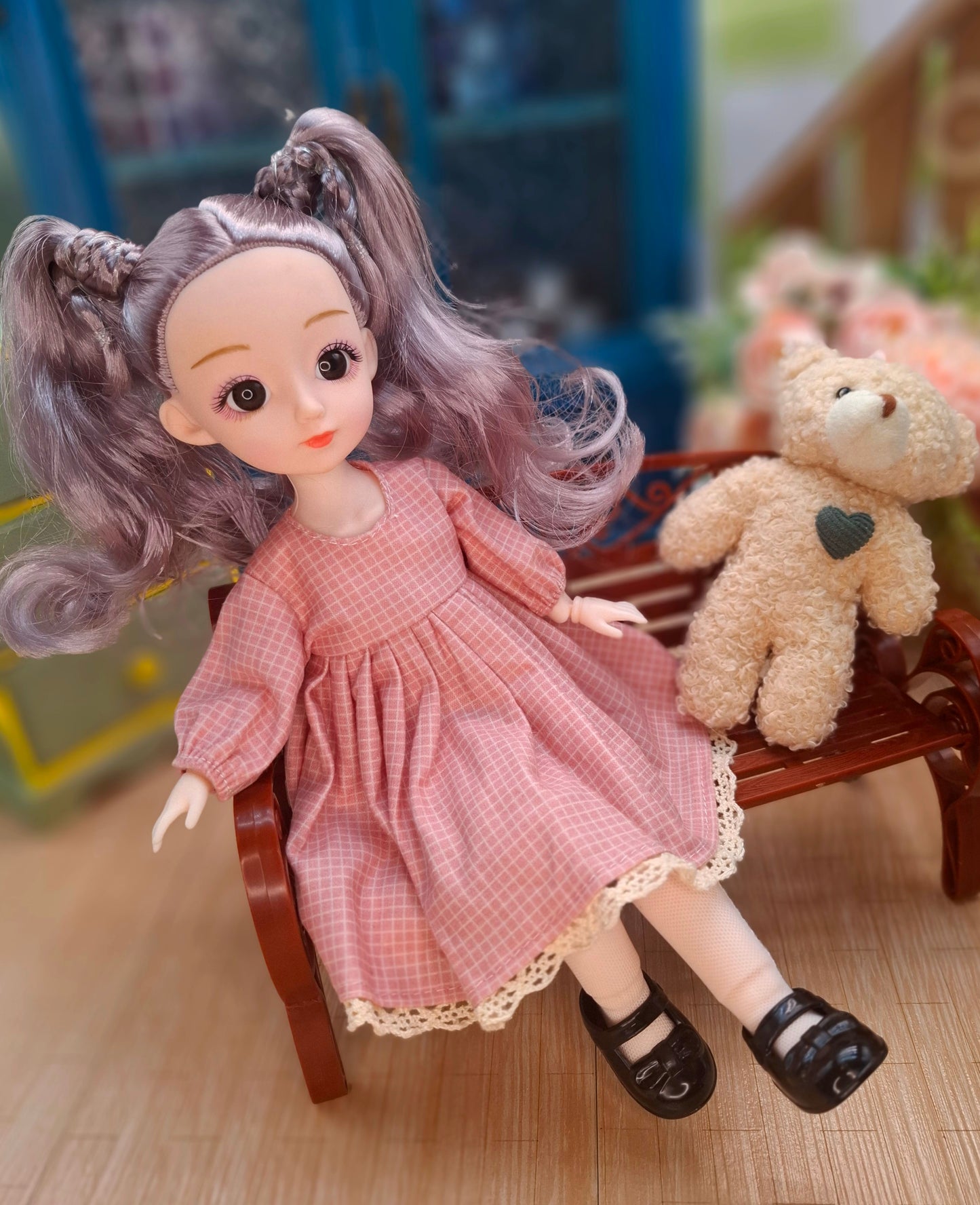 Linda the Waldorf Doll with grey hair in pink cottage dress 30cm BJD Doll