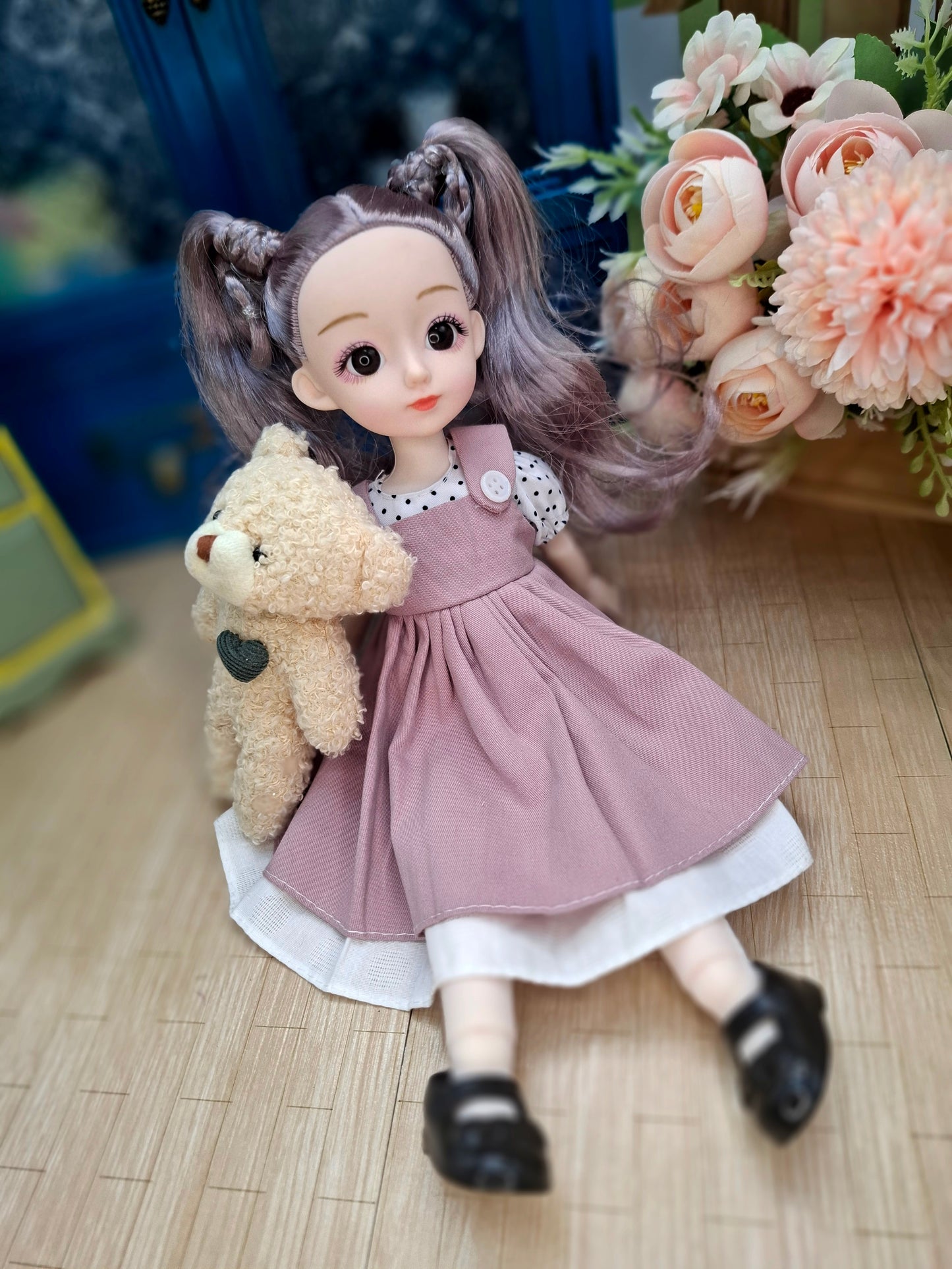 Linda the Waldorf Doll with grey hair in pink dress 30cm BJD Doll