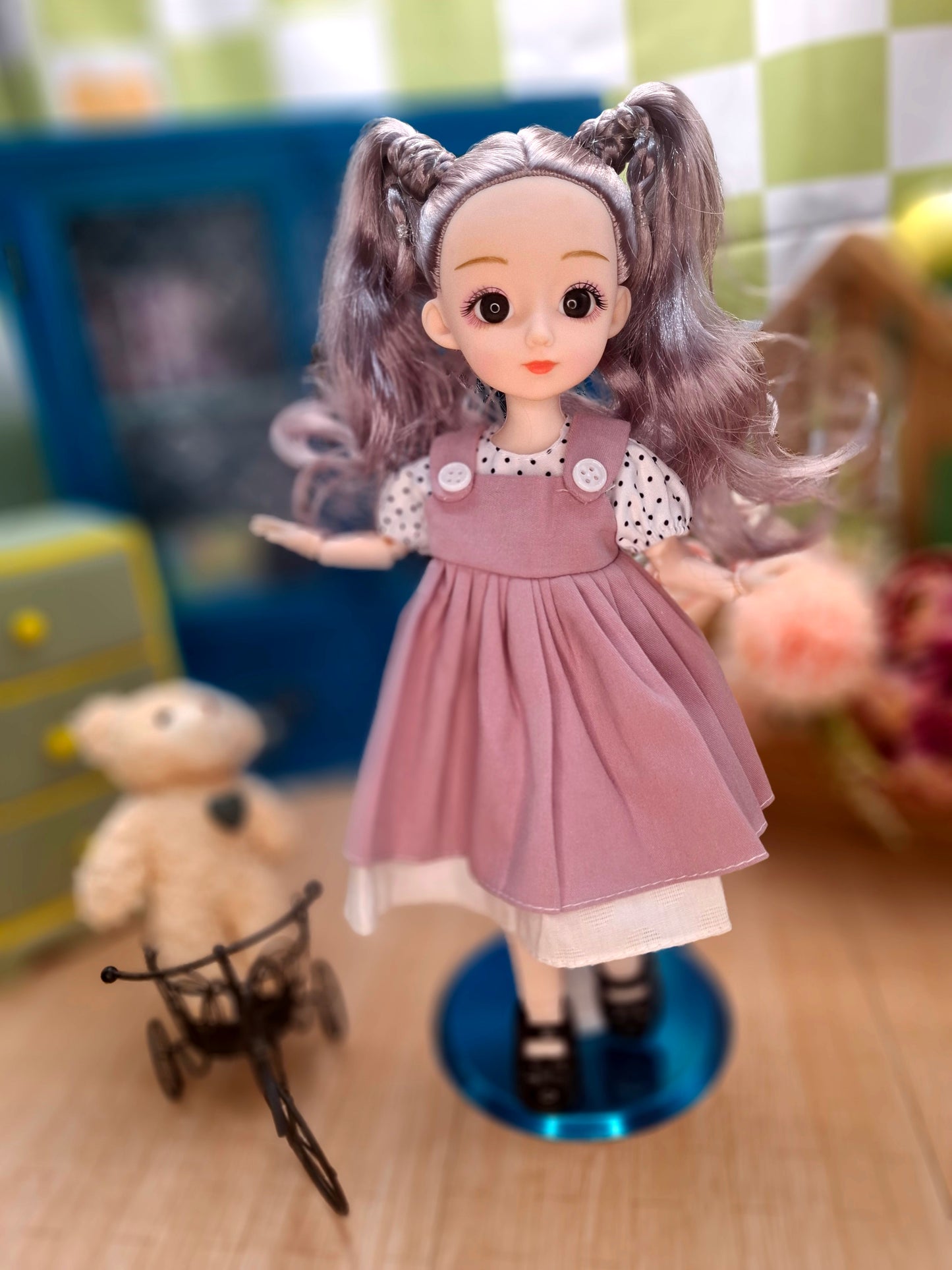 Linda the Waldorf Doll with grey hair in pink dress 30cm BJD Doll
