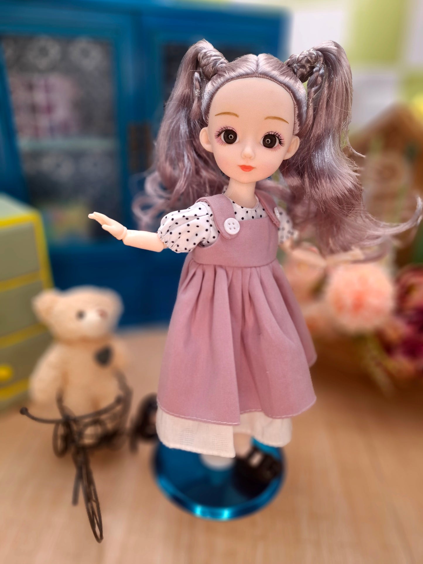 Linda the Waldorf Doll with grey hair in pink dress 30cm BJD Doll