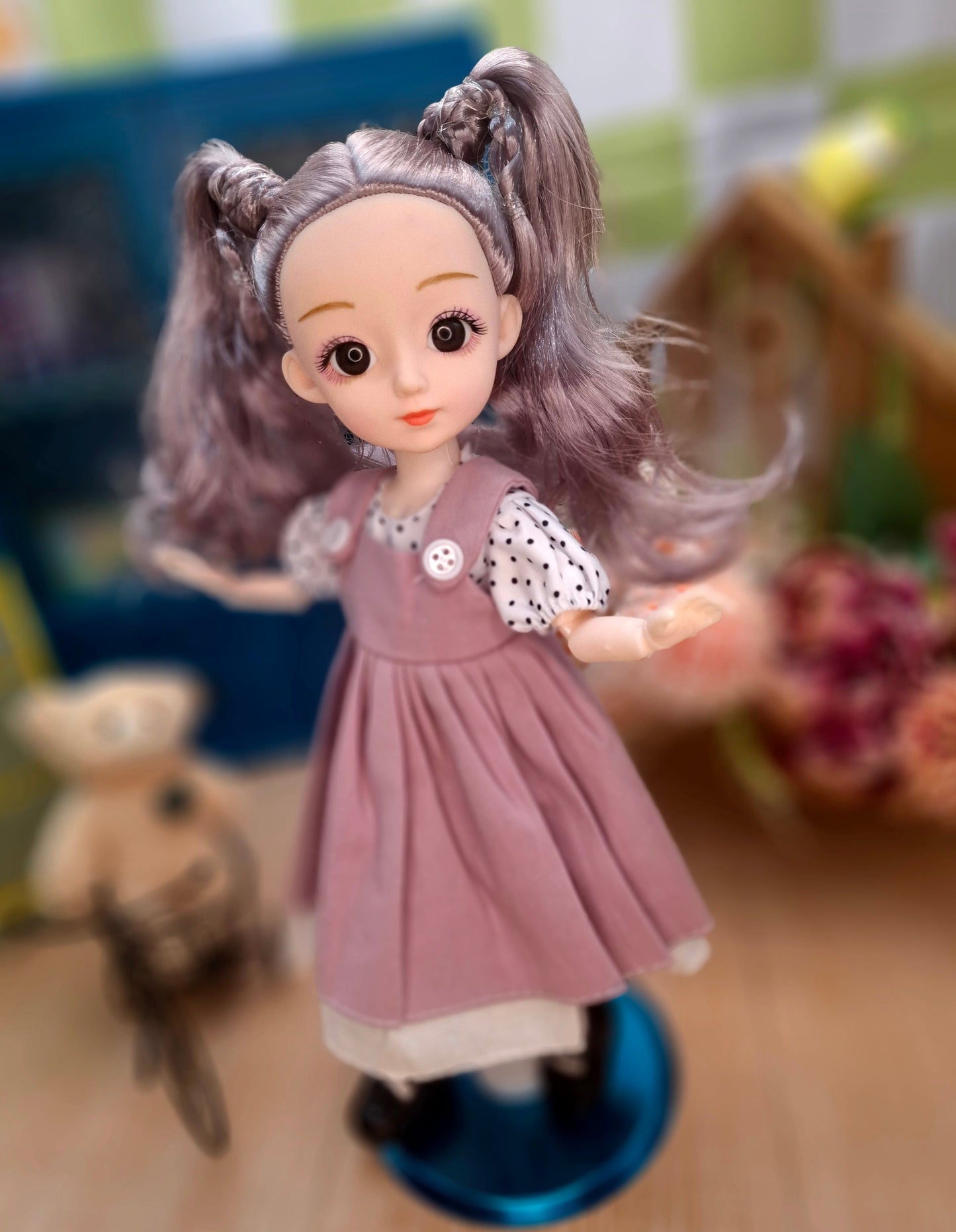 Linda the Waldorf Doll with grey hair in pink dress 30cm BJD Doll