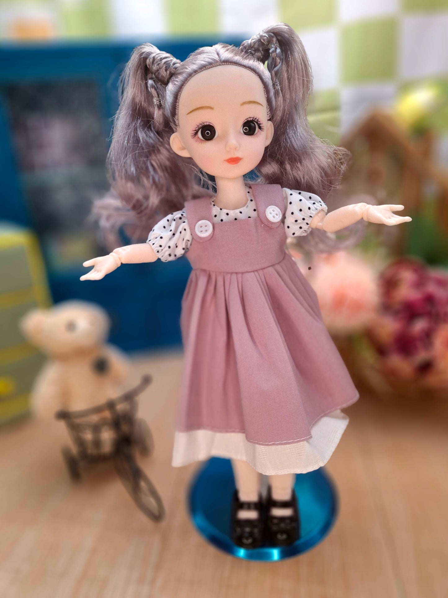 Linda the Waldorf Doll with grey hair in pink dress 30cm BJD Doll