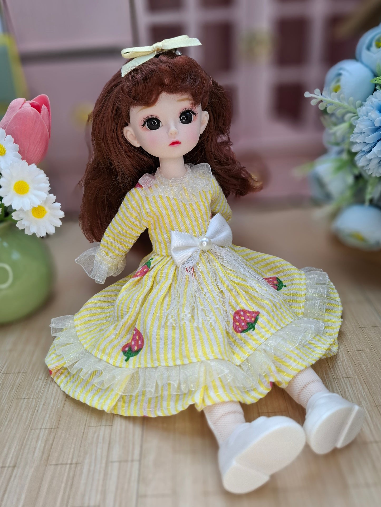 Mary the Waldorf Doll with brown hair in yellow dress 30cm BJD Doll