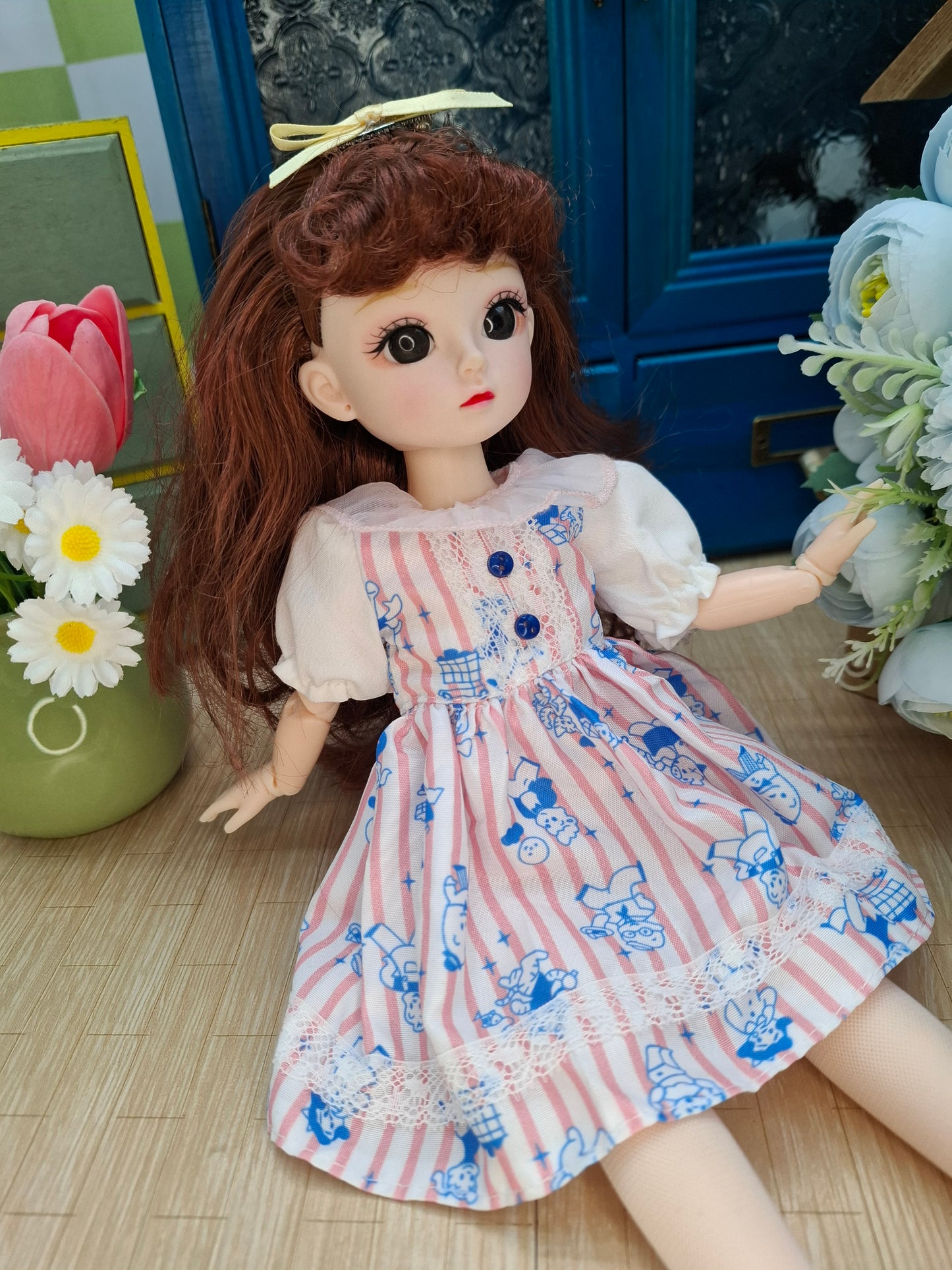 Mary the Waldorf Doll with brown hair in pink cartoon dress 30cm BJD Doll