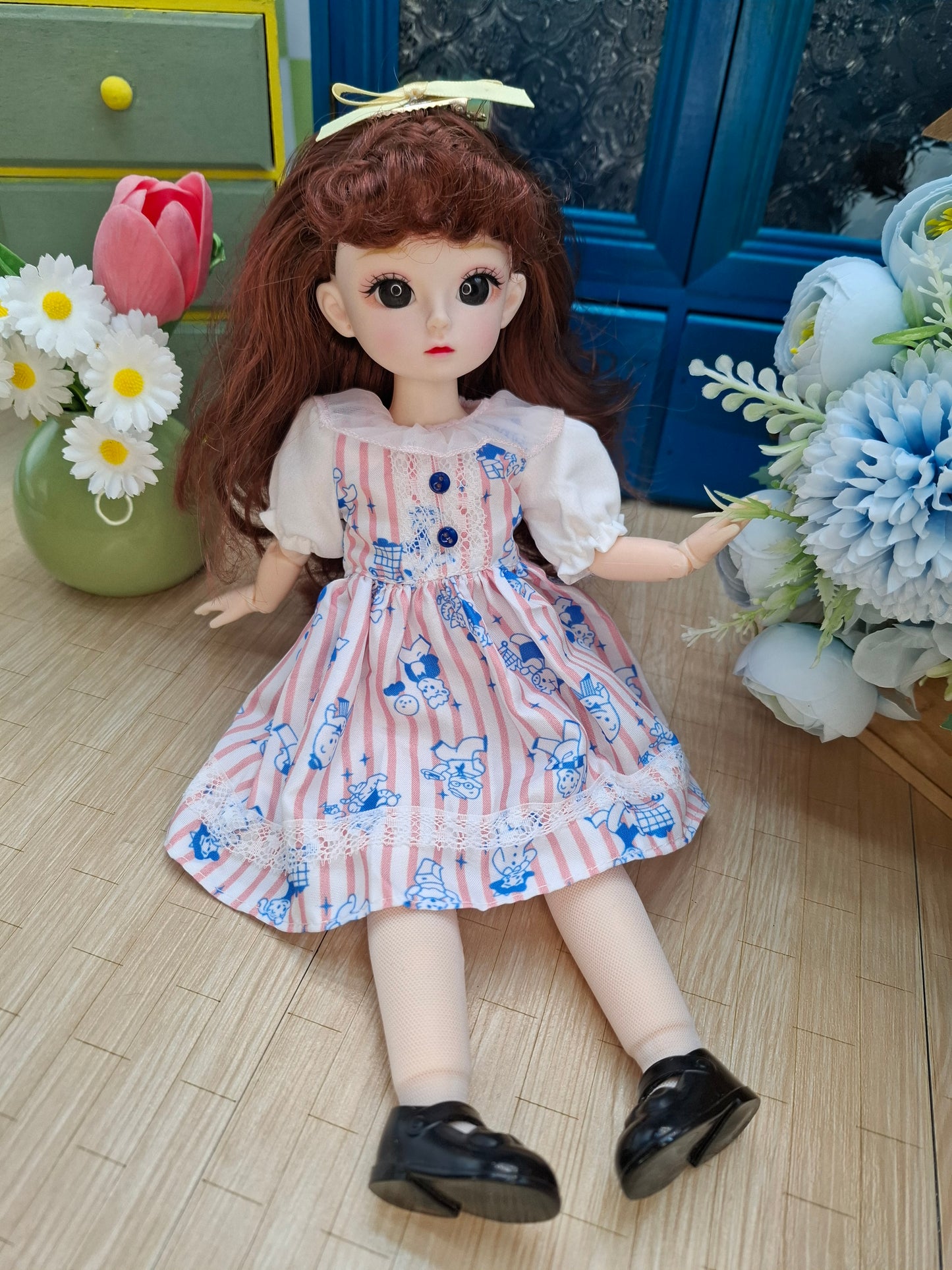 Mary the Waldorf Doll with brown hair in pink cartoon dress 30cm BJD Doll