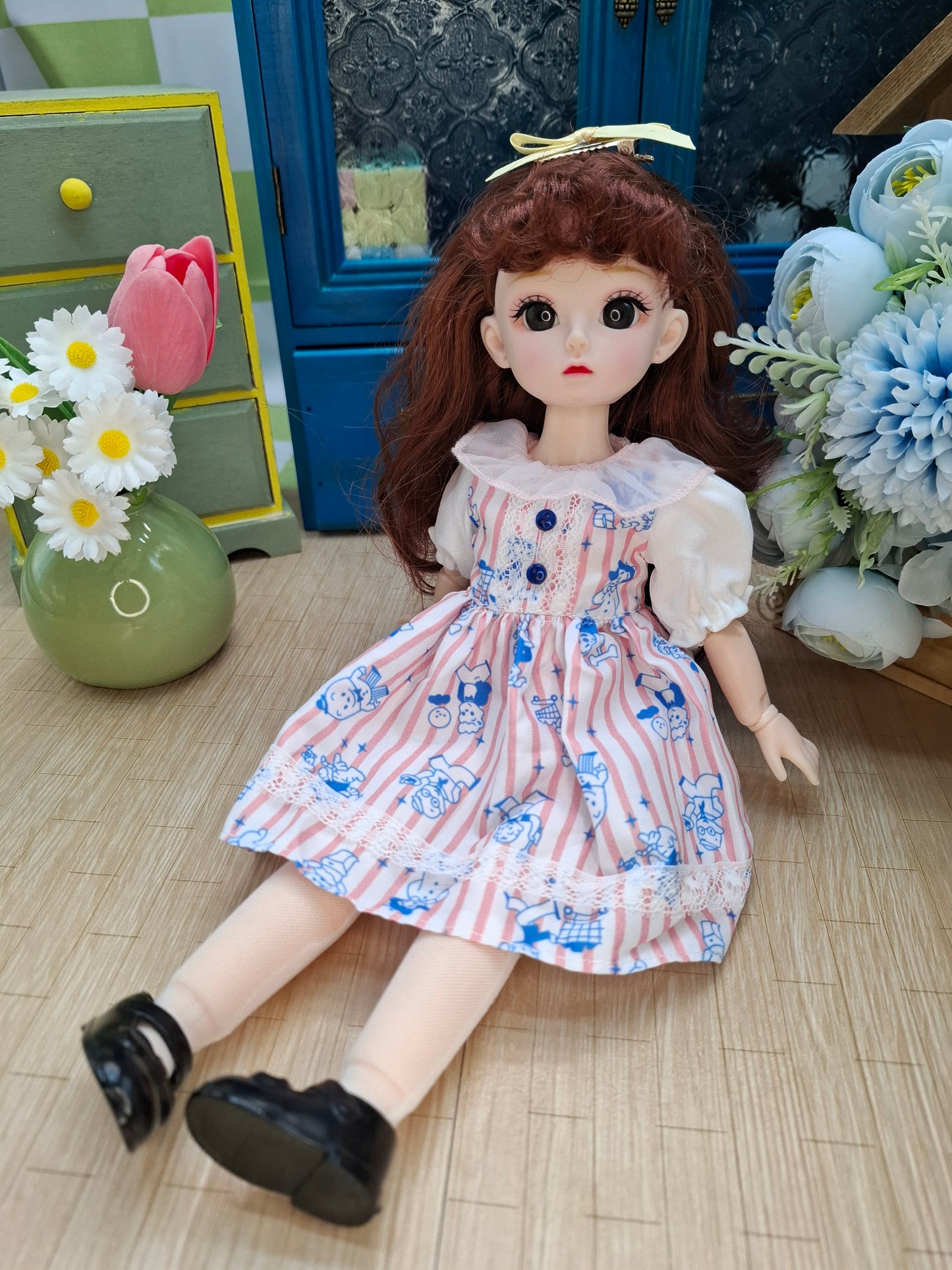 Mary the Waldorf Doll with brown hair in pink cartoon dress 30cm BJD Doll