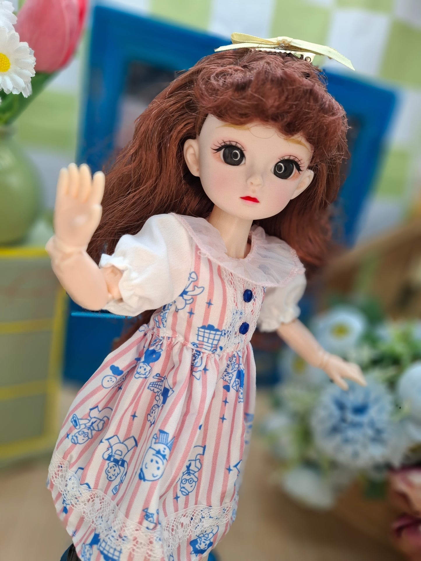 Mary the Waldorf Doll with brown hair in pink cartoon dress 30cm BJD Doll