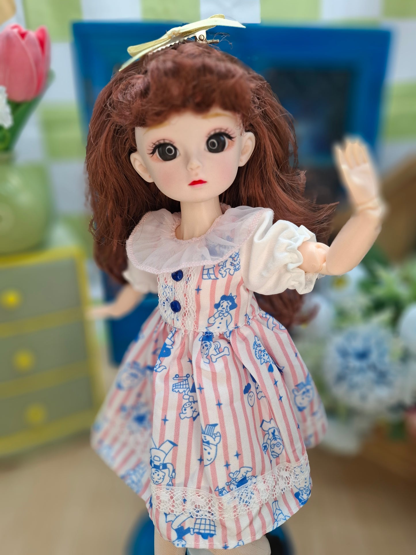 Mary the Waldorf Doll with brown hair in pink cartoon dress 30cm BJD Doll