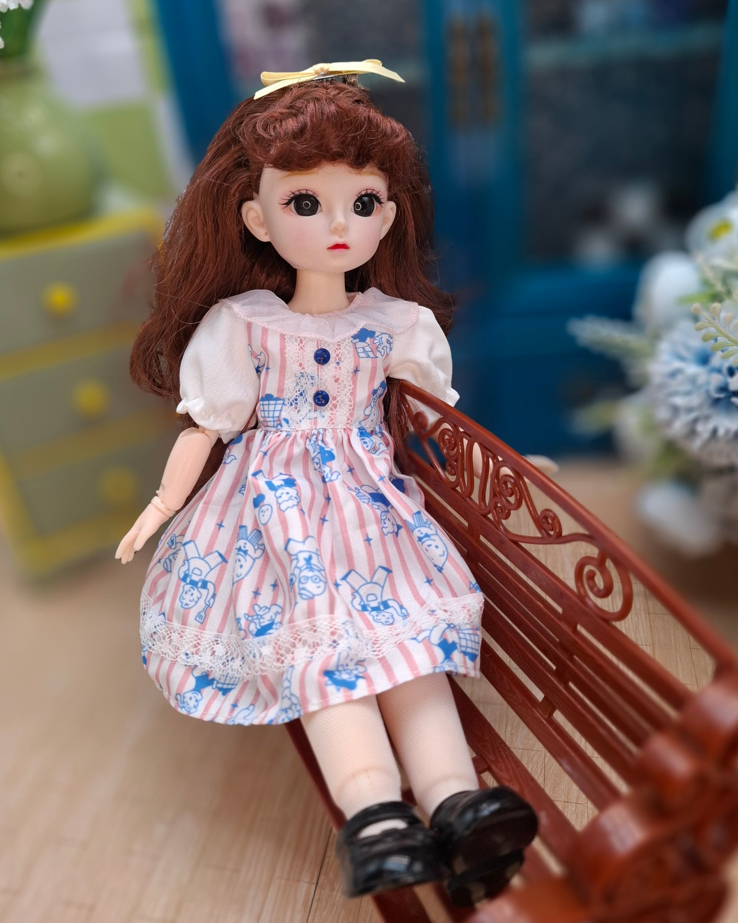 Mary the Waldorf Doll with brown hair in pink cartoon dress 30cm BJD Doll