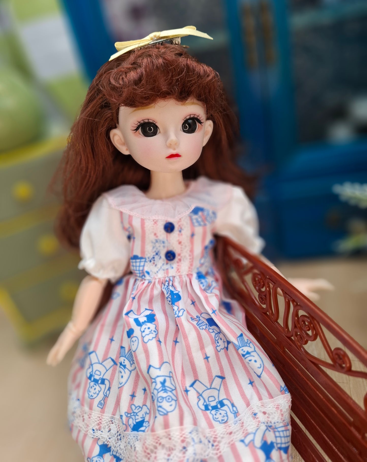 Mary the Waldorf Doll with brown hair in pink cartoon dress 30cm BJD Doll