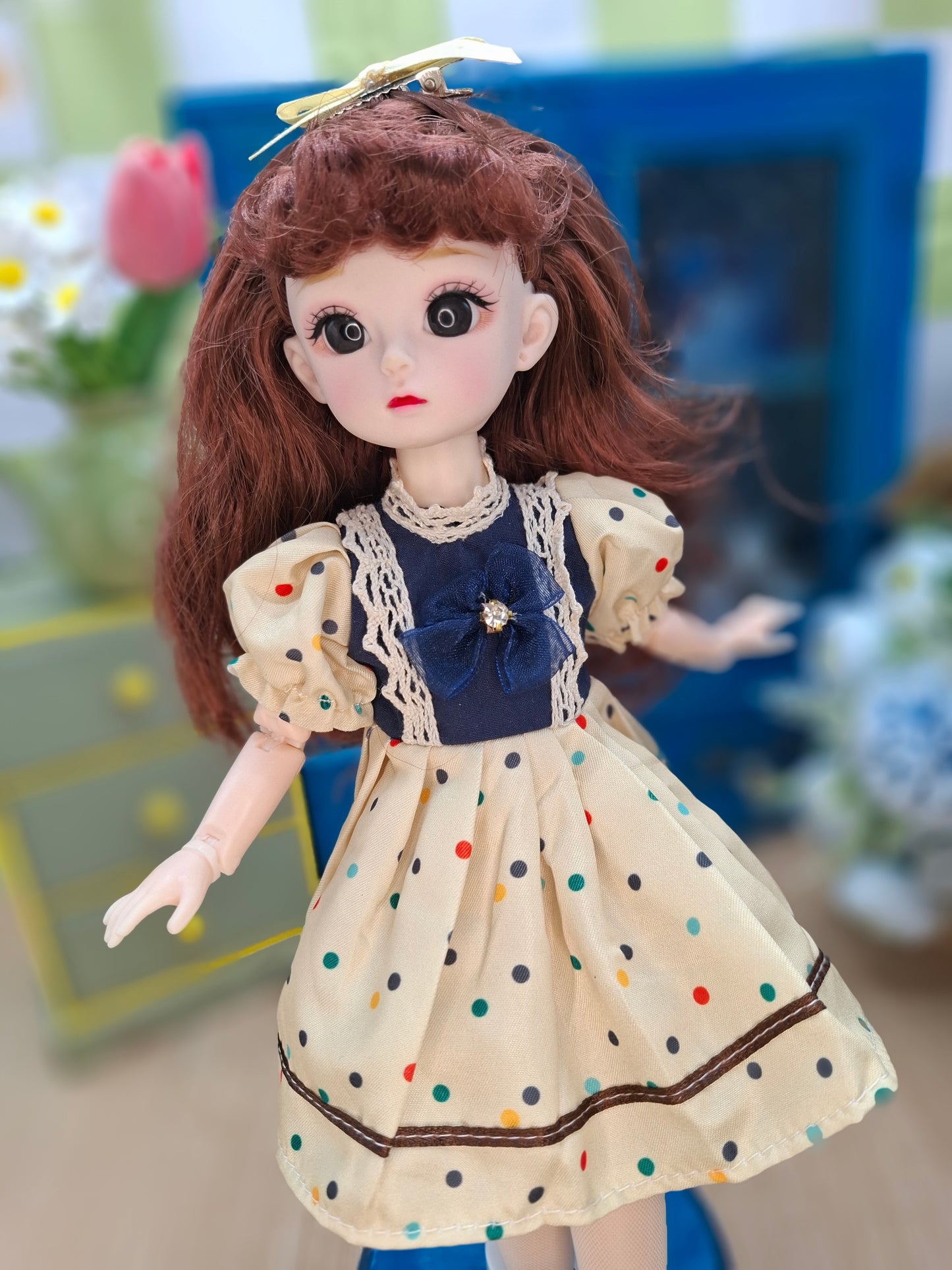 Mary the Waldorf Doll with brown hair in yellow dress 30cm BJD Doll