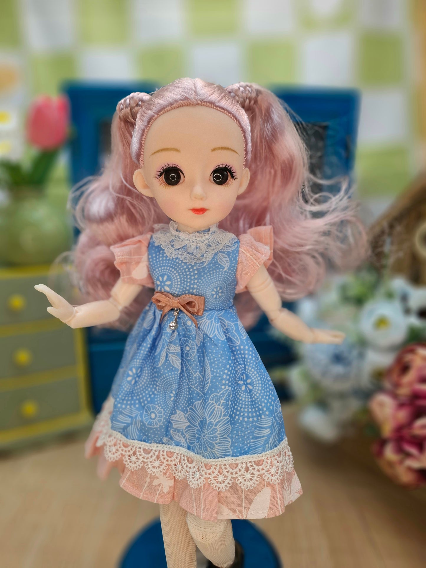 Lisa the Waldorf Doll with pink hair in blue dress 30cm BJD Doll