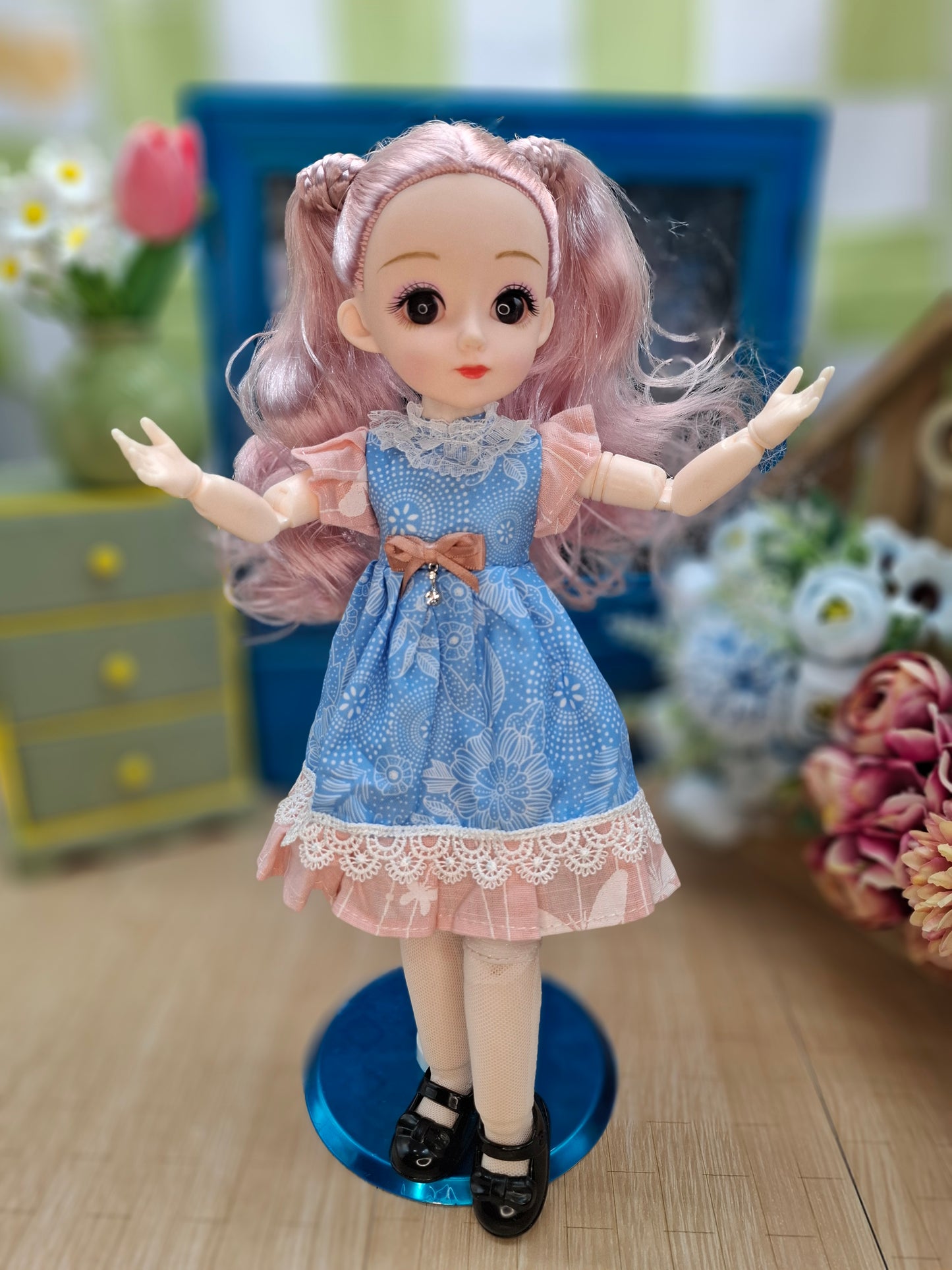 Lisa the Waldorf Doll with pink hair in blue dress 30cm BJD Doll