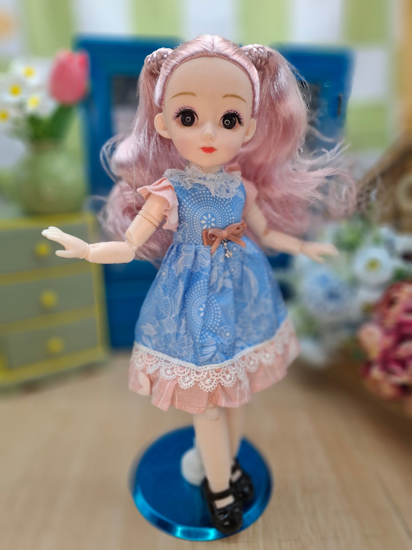 Lisa the Waldorf Doll with pink hair in blue dress 30cm BJD Doll
