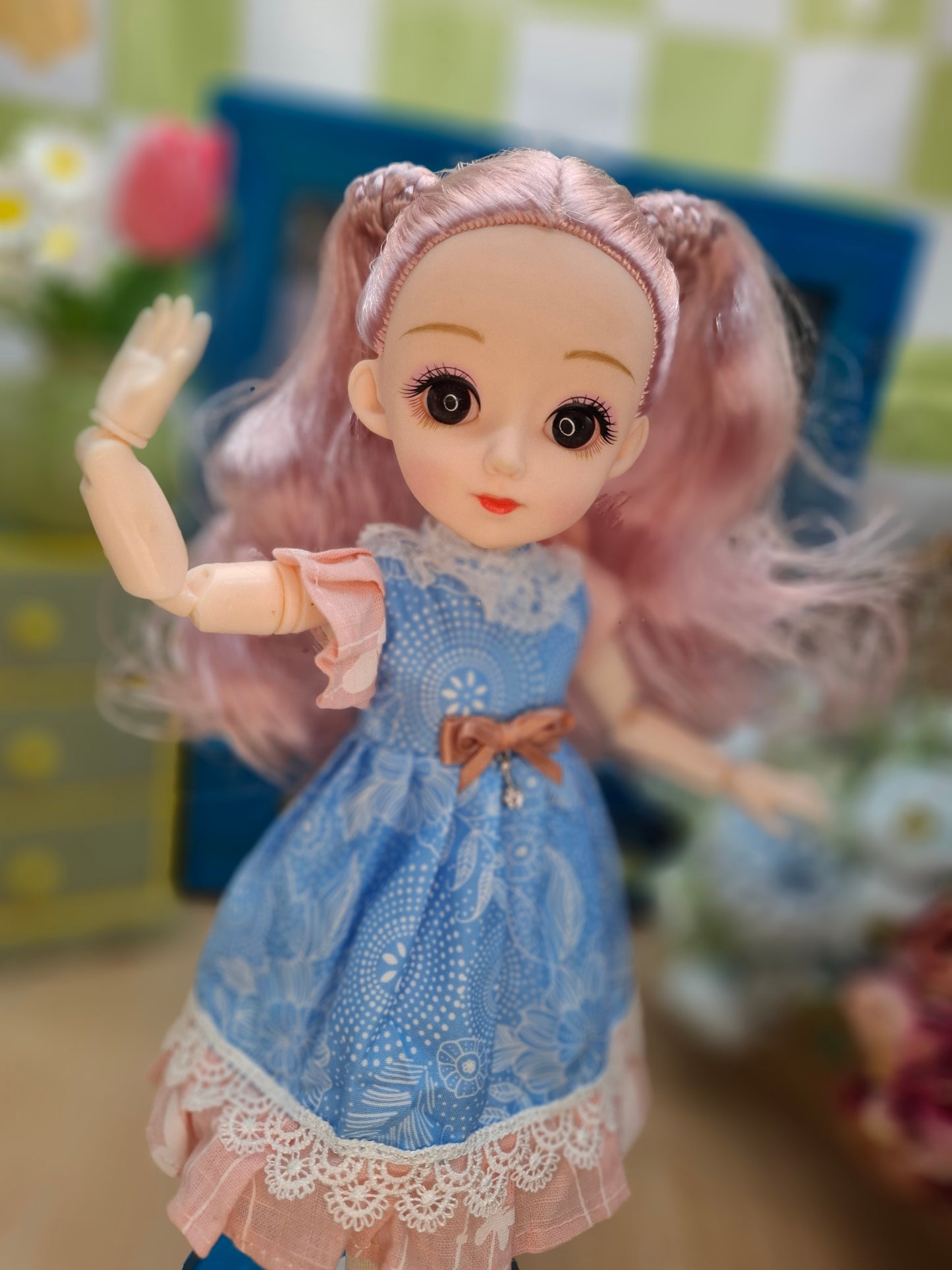 Lisa the Waldorf Doll with pink hair in blue dress 30cm BJD Doll