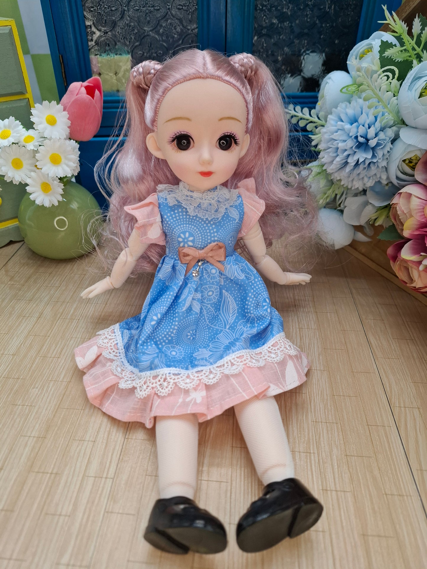Lisa the Waldorf Doll with pink hair in blue dress 30cm BJD Doll