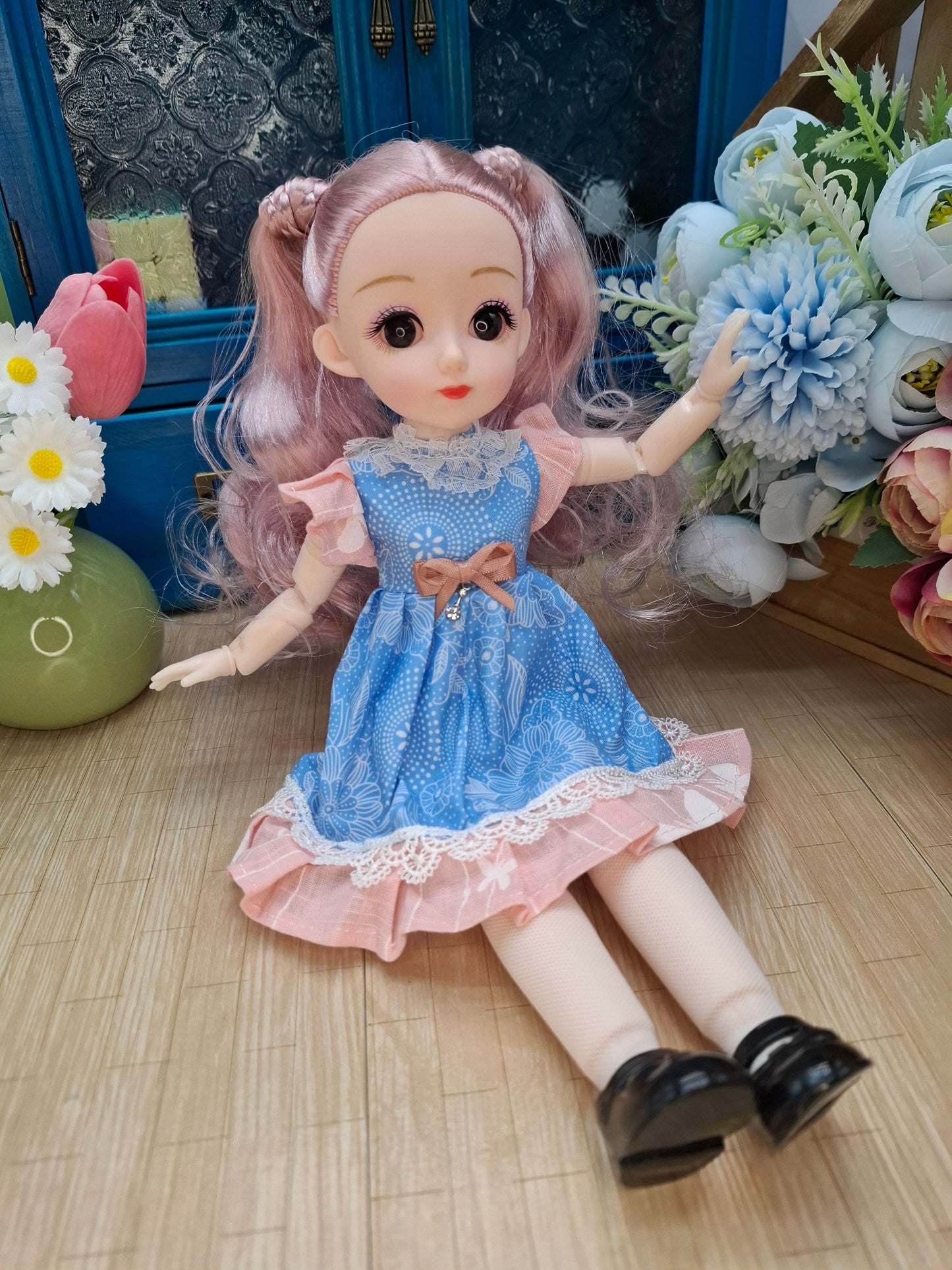 Lisa the Waldorf Doll with pink hair in blue dress 30cm BJD Doll