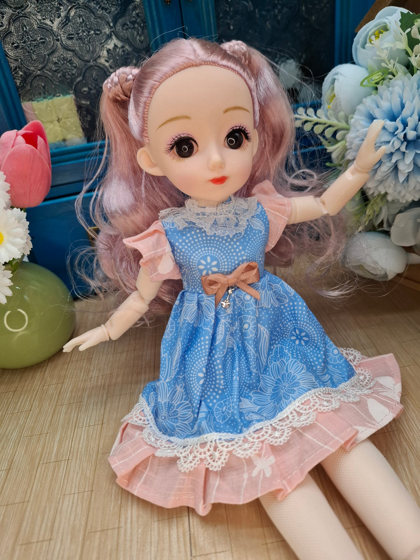 Lisa the Waldorf Doll with pink hair in blue dress 30cm BJD Doll