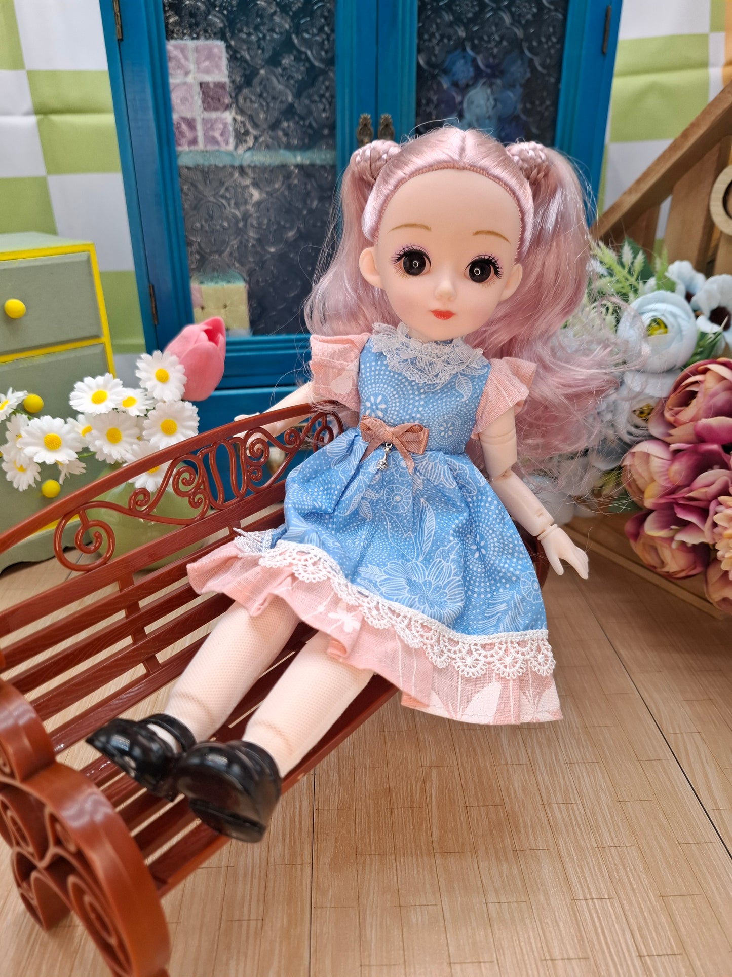 Lisa the Waldorf Doll with pink hair in blue dress 30cm BJD Doll