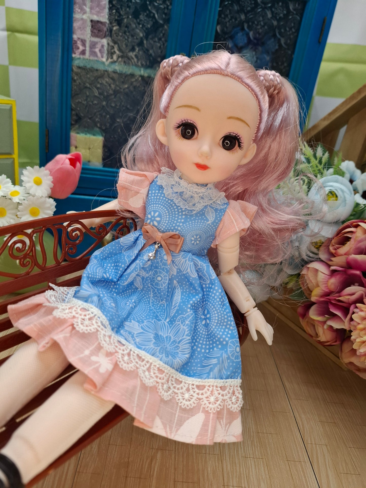 Lisa the Waldorf Doll with pink hair in blue dress 30cm BJD Doll