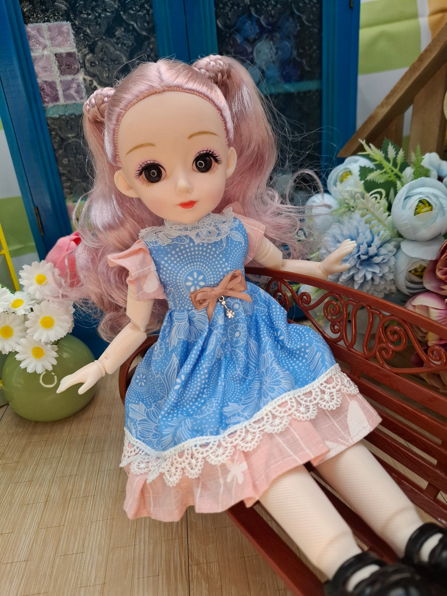 Lisa the Waldorf Doll with pink hair in blue dress 30cm BJD Doll