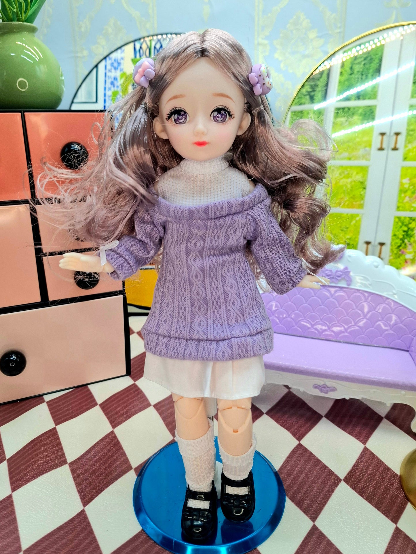 Rachel with purple eyes in purple knit sweater 30cm BJD Doll
