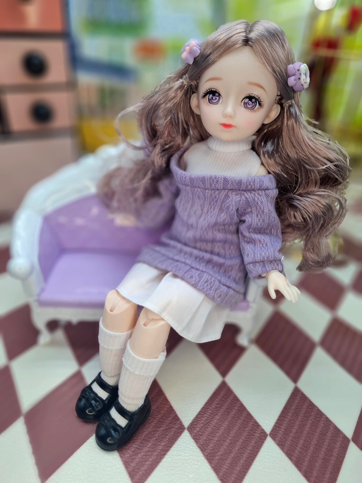 Rachel with purple eyes in purple knit sweater 30cm BJD Doll