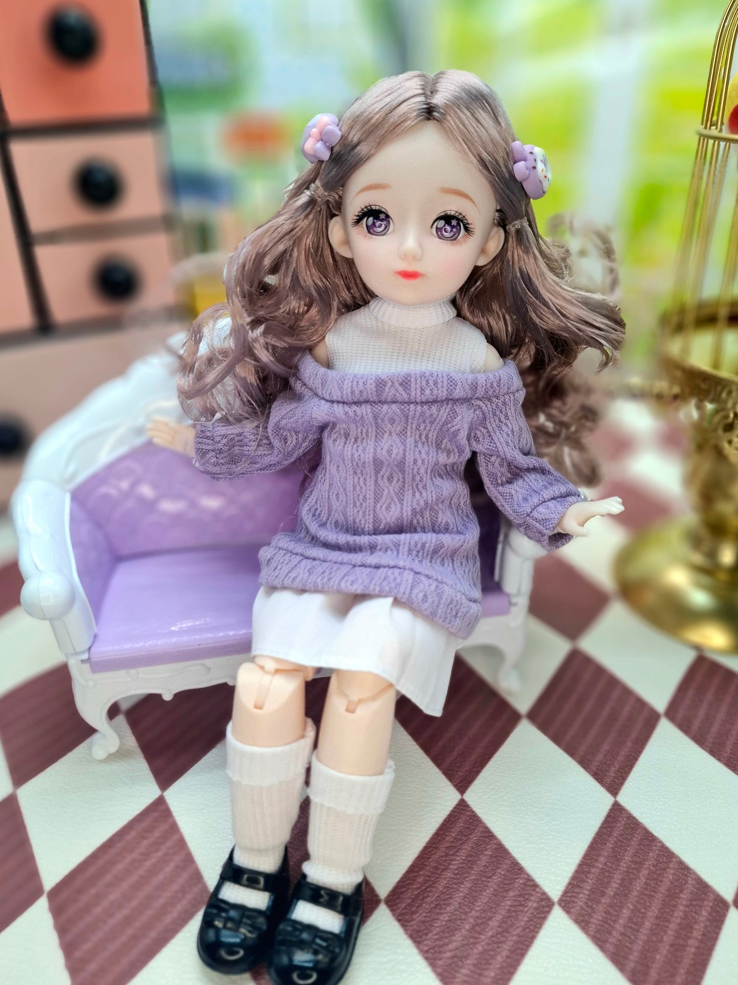 Rachel with purple eyes in purple knit sweater 30cm BJD Doll