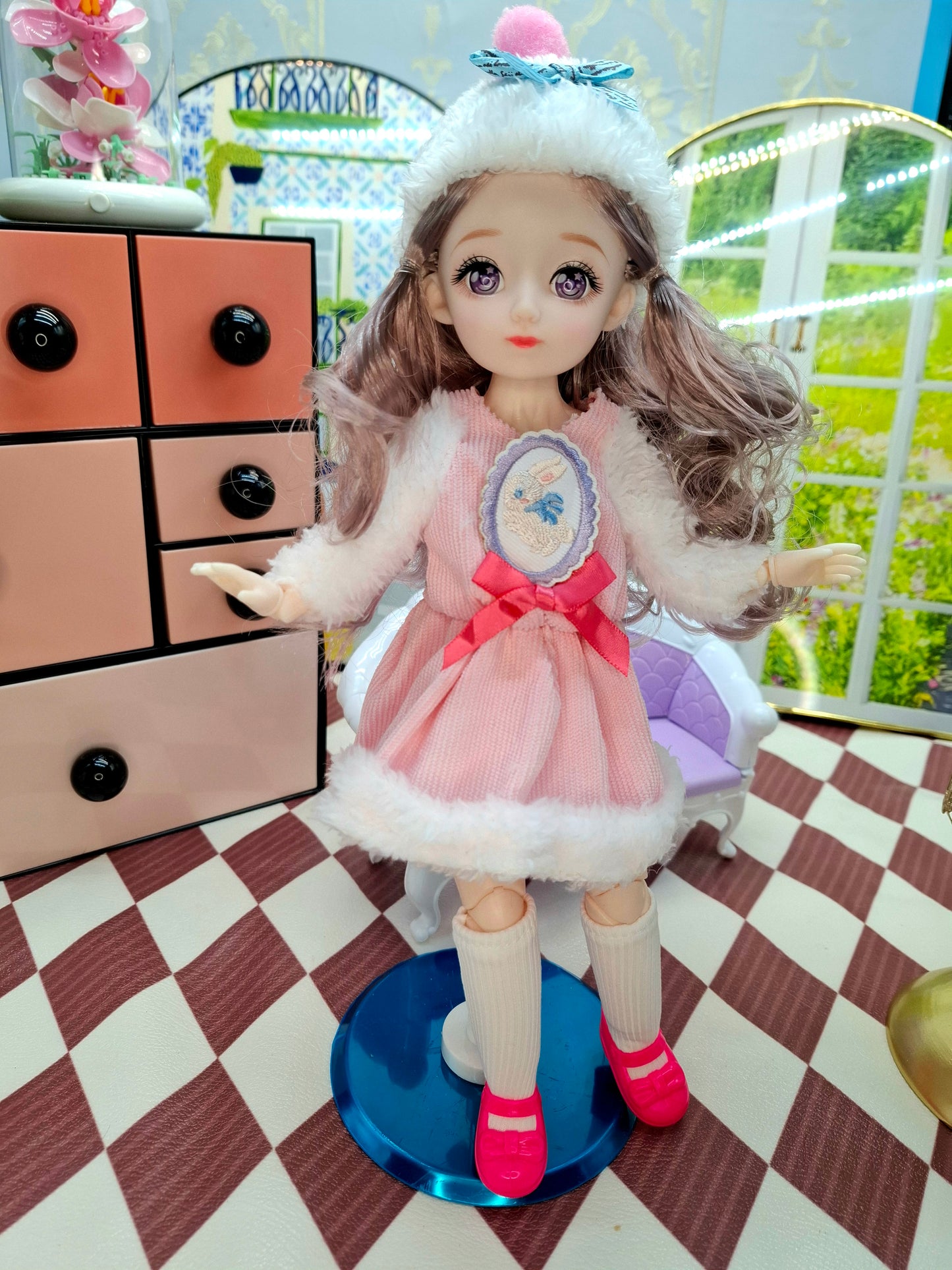 Rachel with purple eyes in fluffy pink dress 30cm BJD Doll