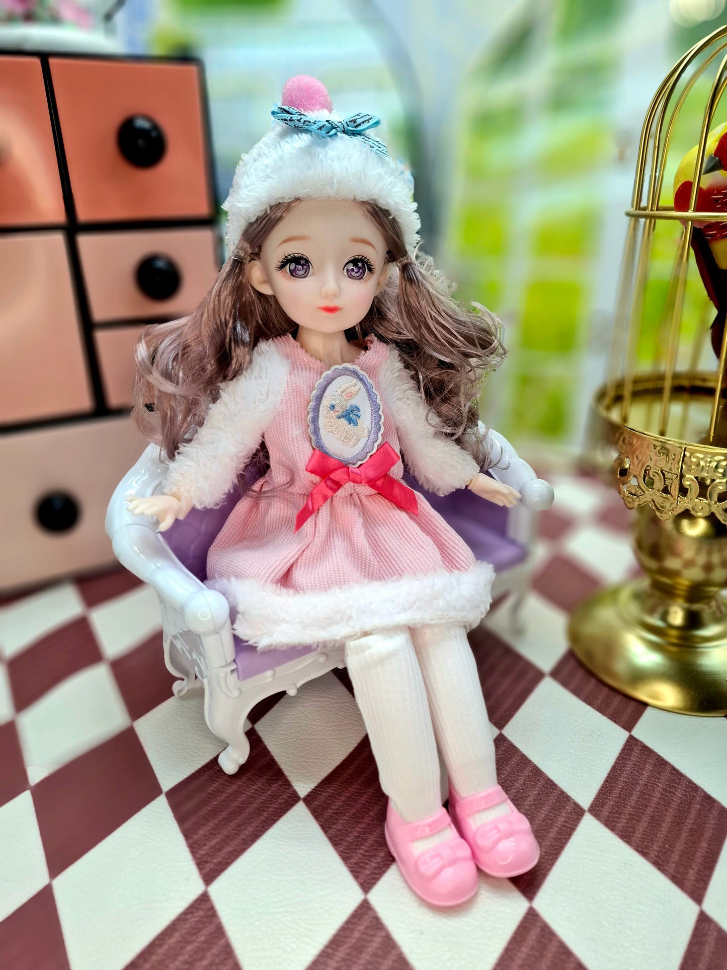 Rachel with purple eyes in fluffy pink dress 30cm BJD Doll