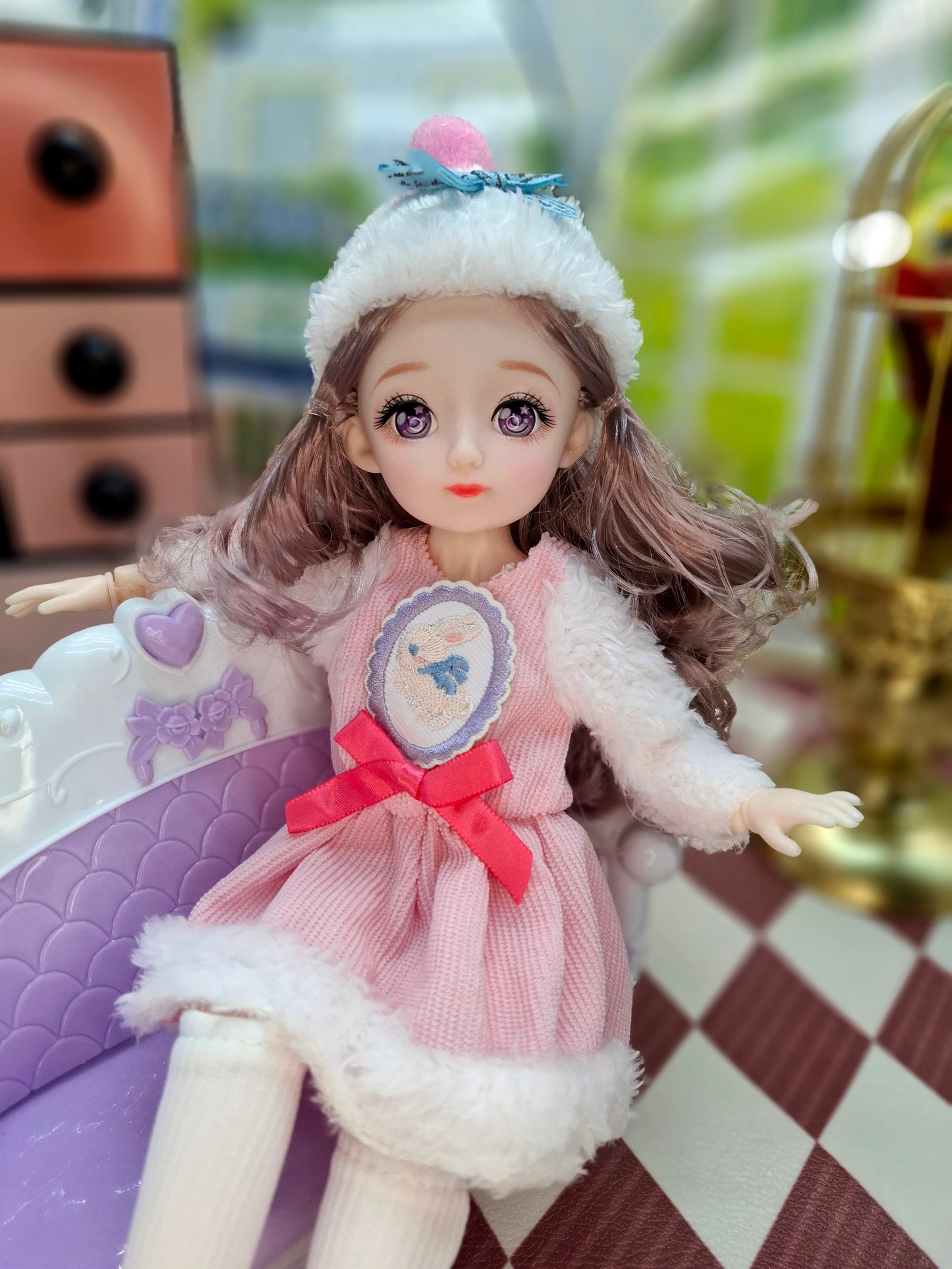 Rachel with purple eyes in fluffy pink dress 30cm BJD Doll