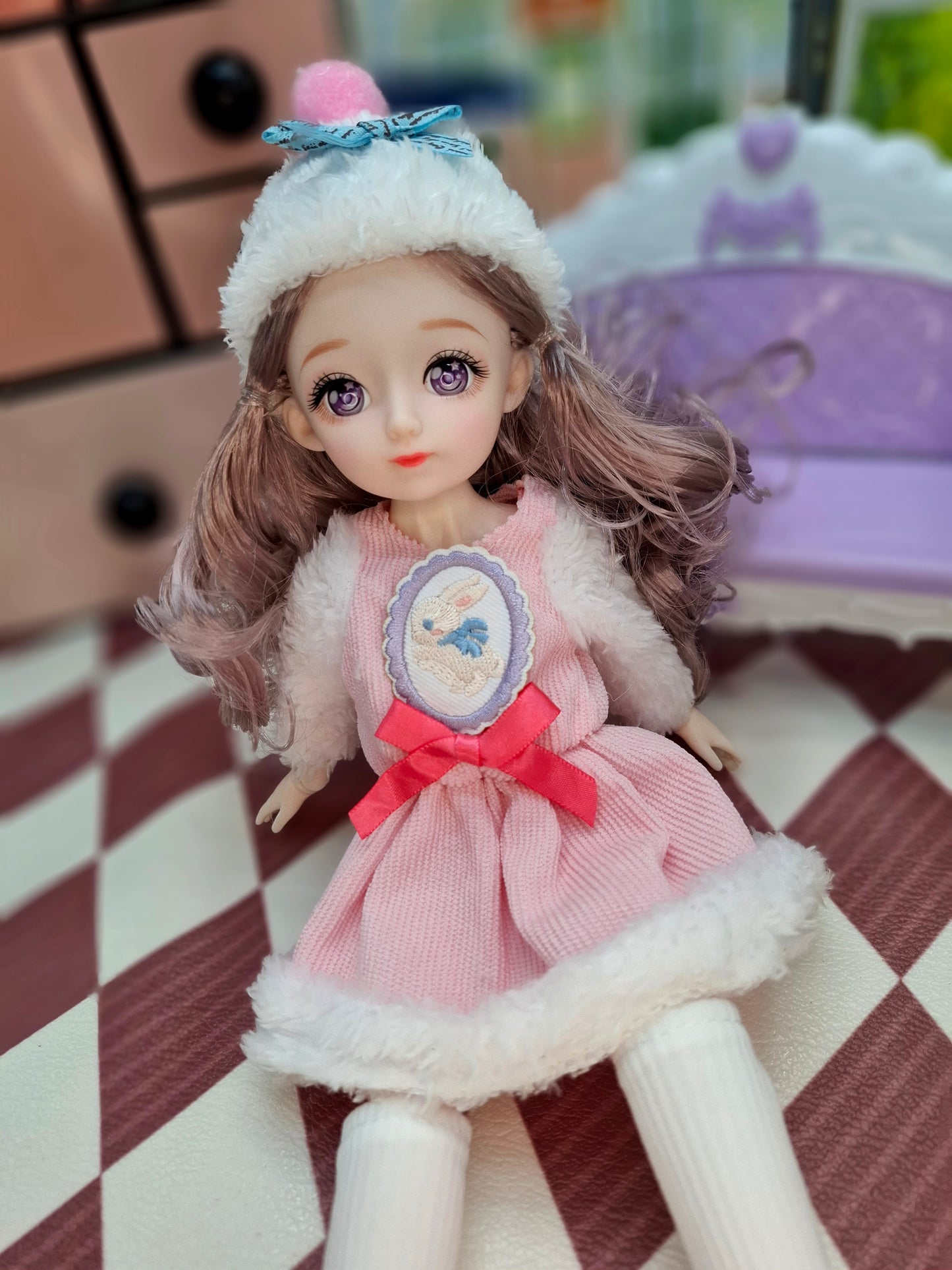 Rachel with purple eyes in fluffy pink dress 30cm BJD Doll