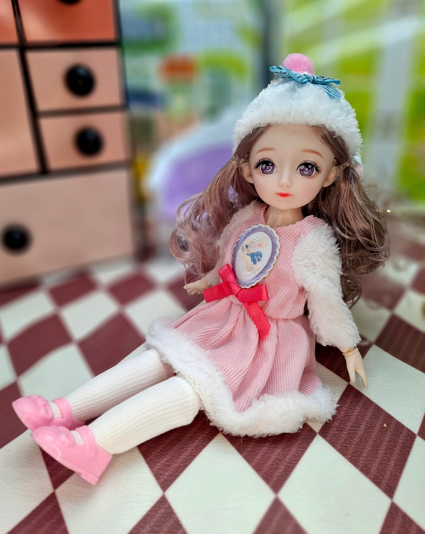 Rachel with purple eyes in fluffy pink dress 30cm BJD Doll
