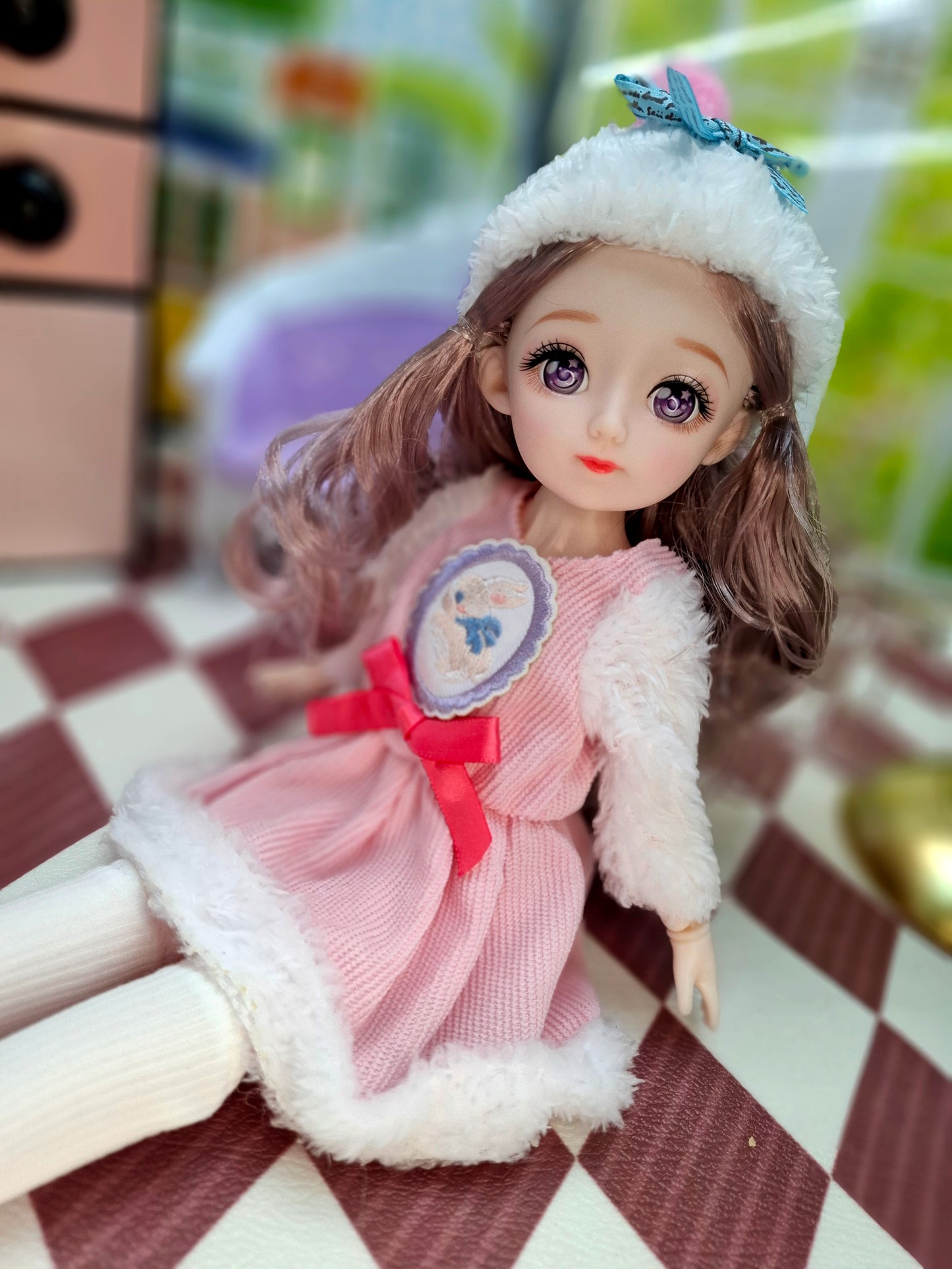 Rachel with purple eyes in fluffy pink dress 30cm BJD Doll