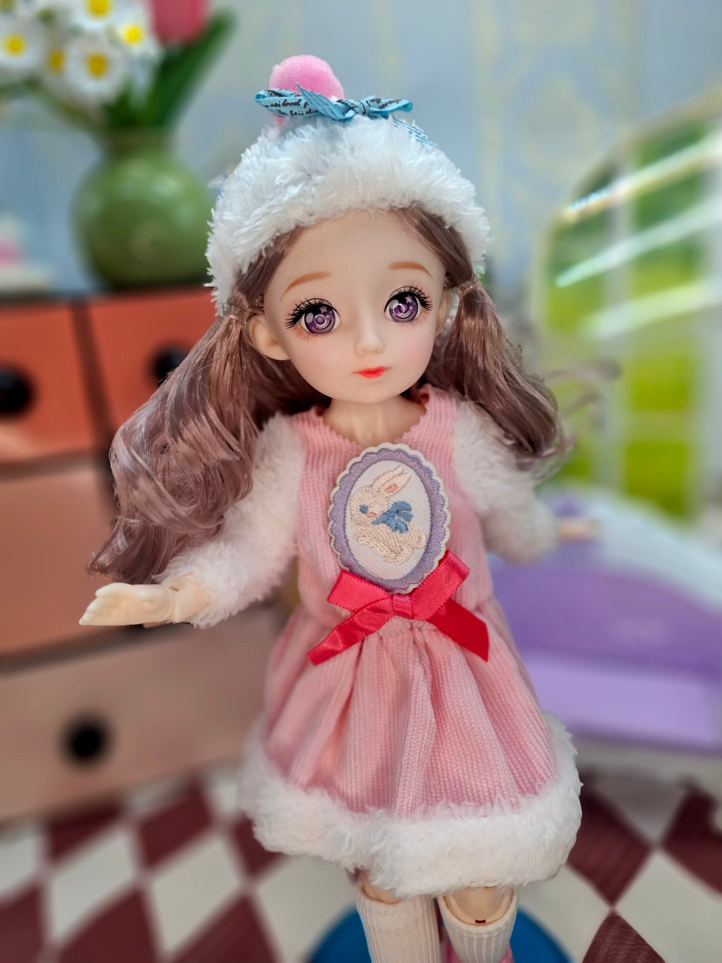 Rachel with purple eyes in fluffy pink dress 30cm BJD Doll