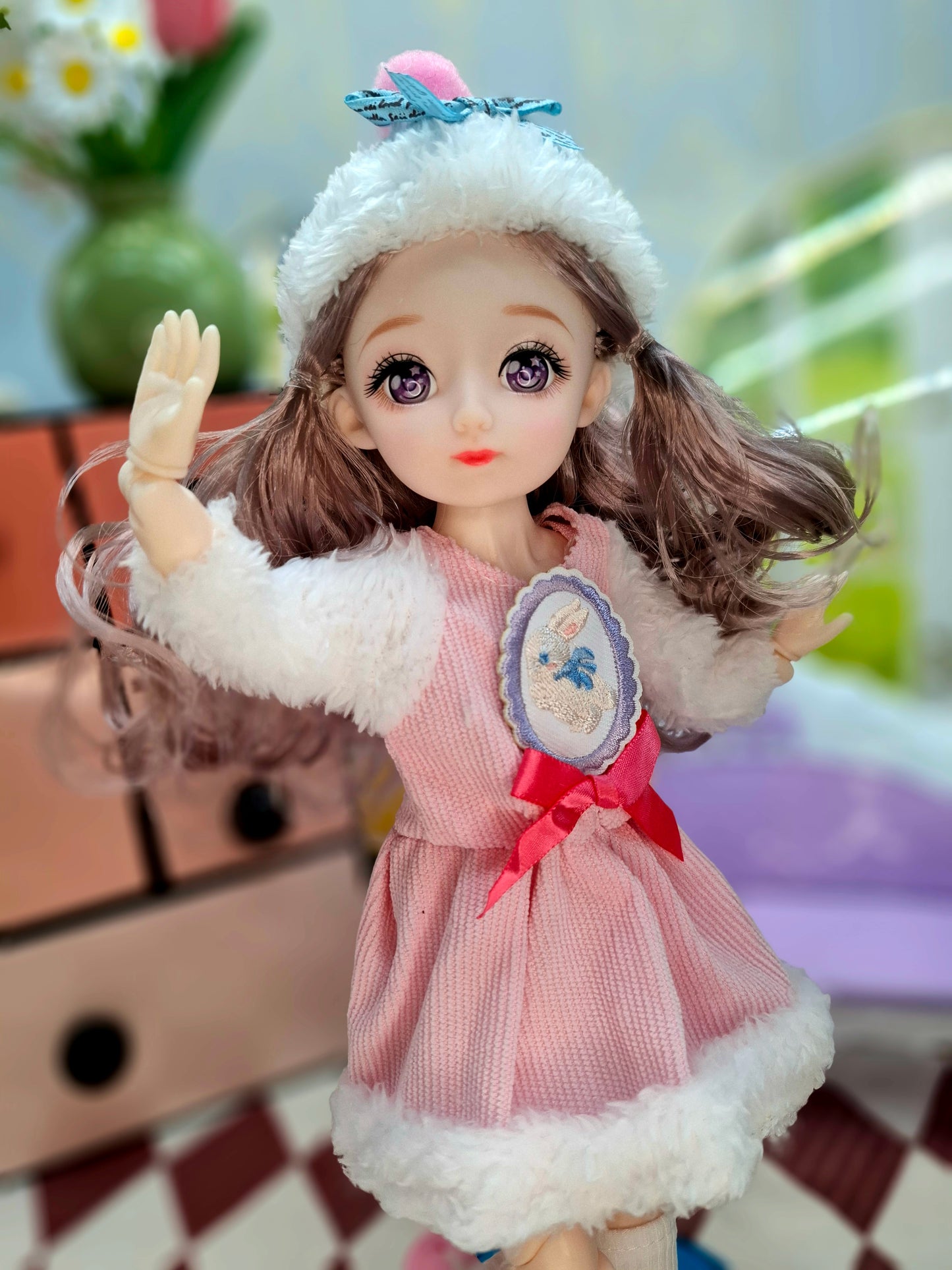 Rachel with purple eyes in fluffy pink dress 30cm BJD Doll