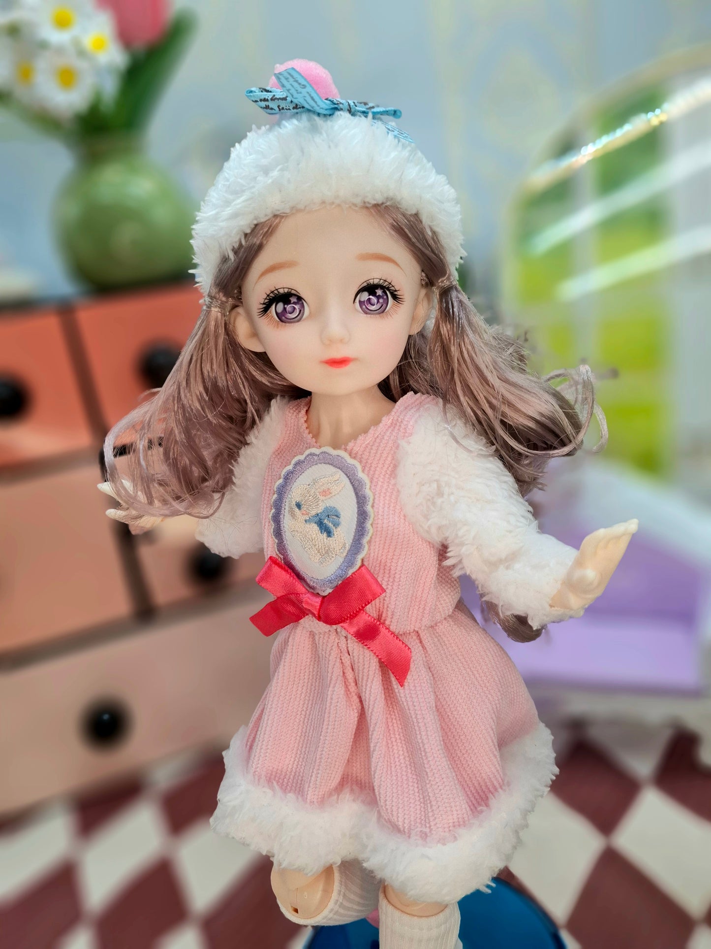 Rachel with purple eyes in fluffy pink dress 30cm BJD Doll