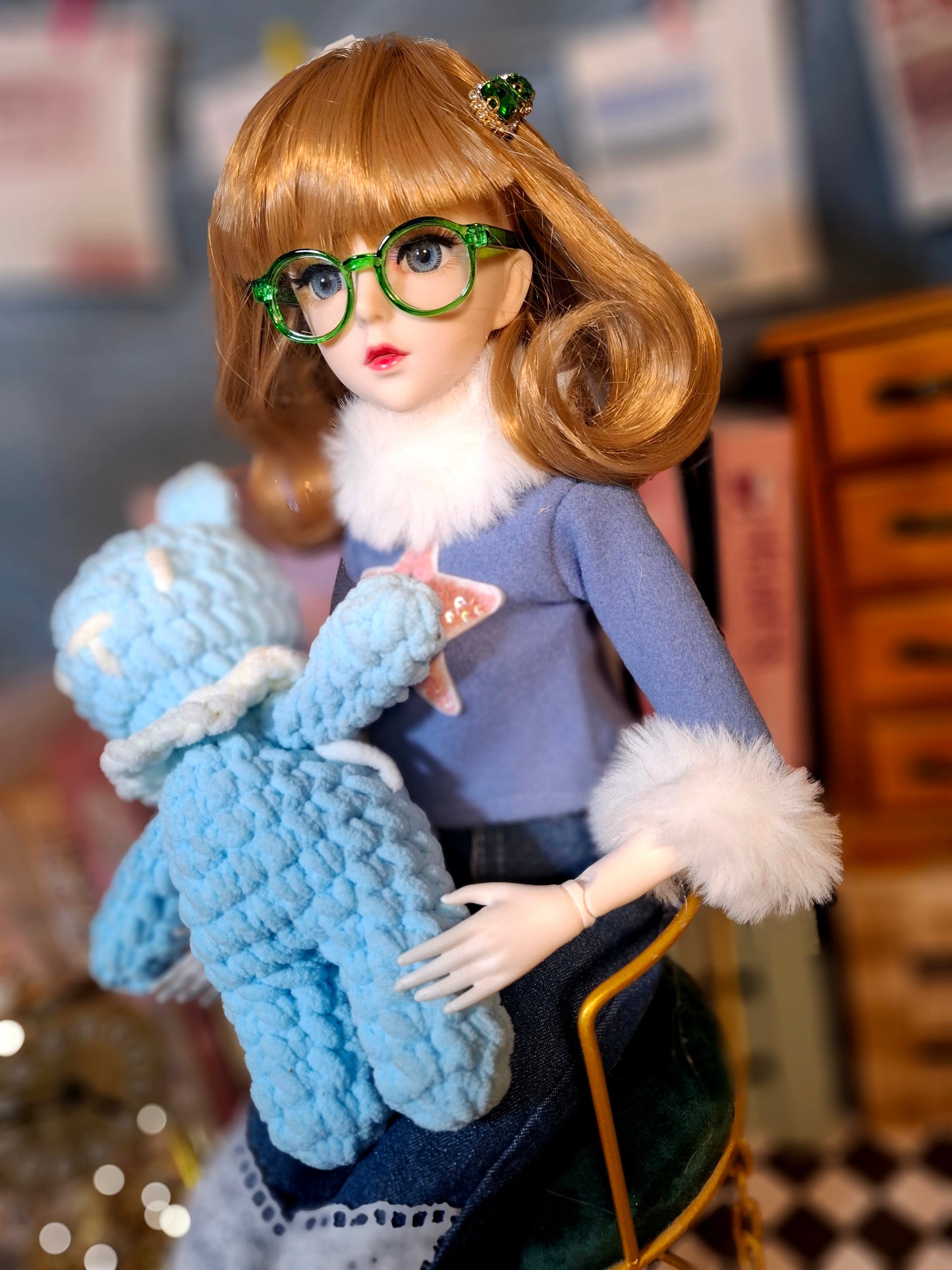 Nostalgic Golden Blonde Girl in Flared Blue Jeans with Vintage Glasses 1/3 60cm BJD Doll