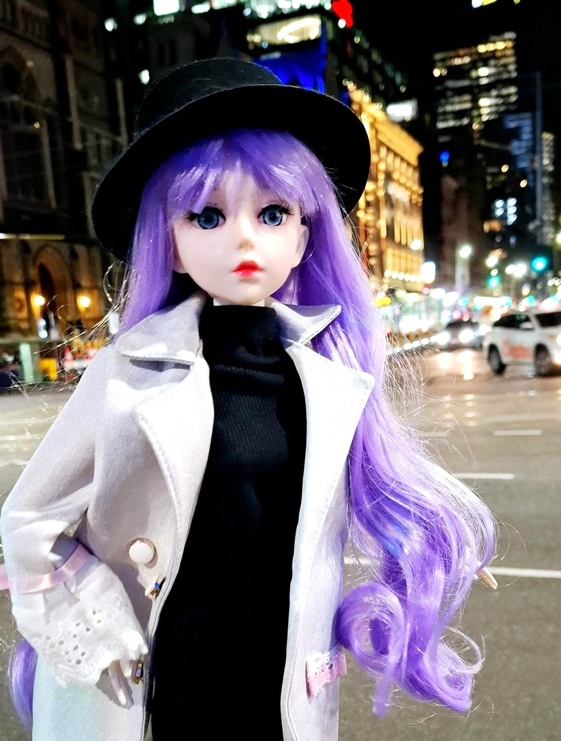 The purple hair city girl in black hat 60cm BJD Doll