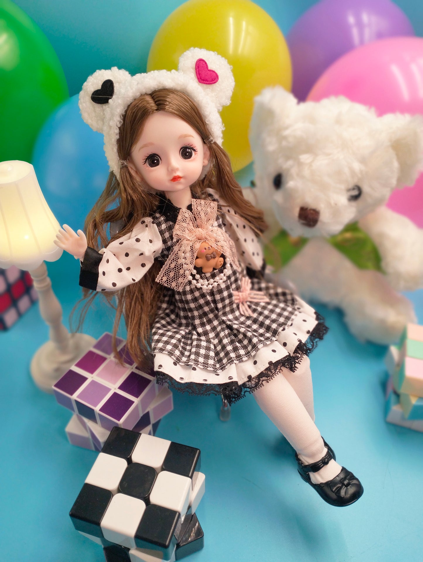 Cute brunette with bear hat 30cm BJD Doll
