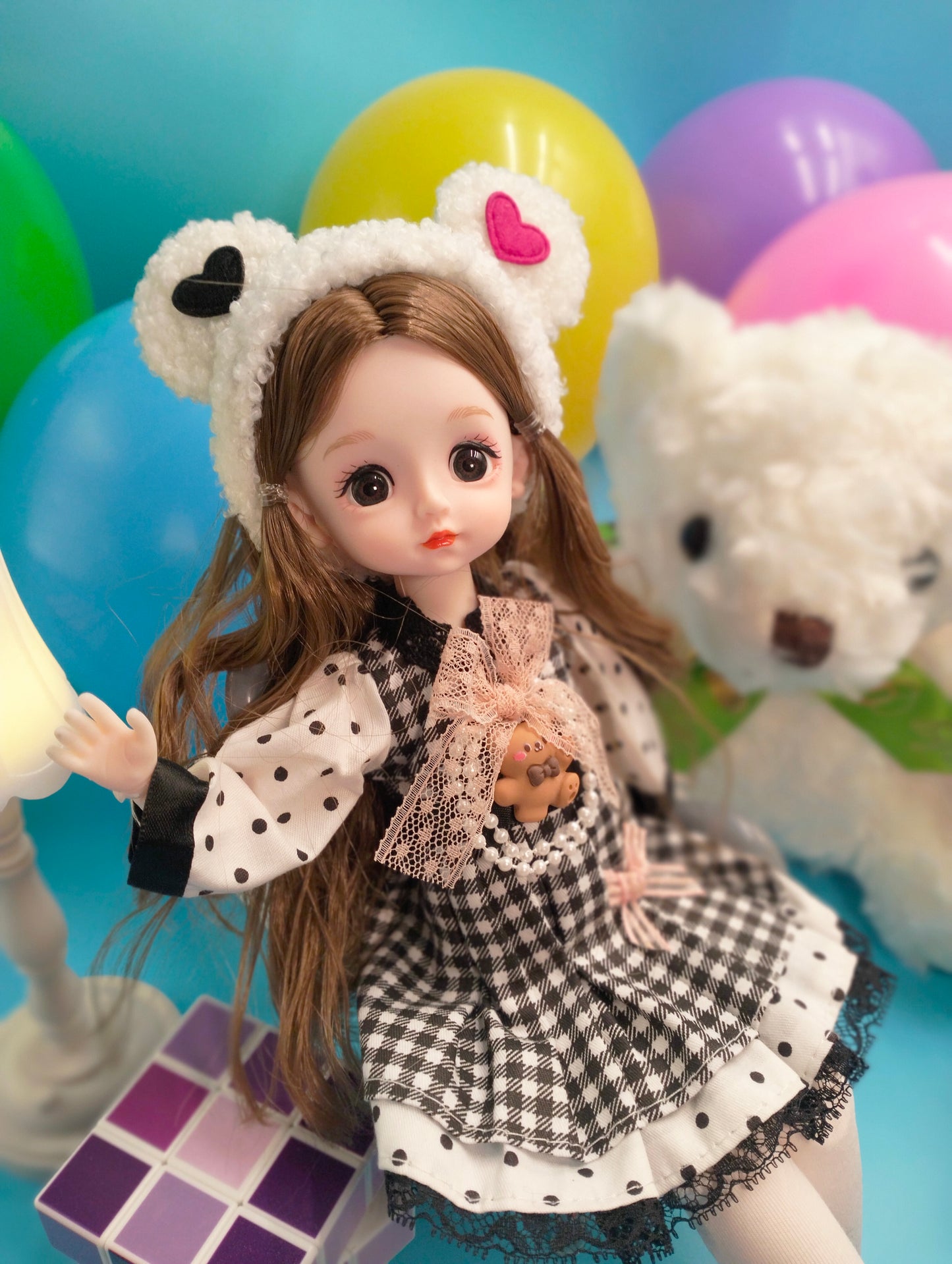 Cute brunette with bear hat 30cm BJD Doll