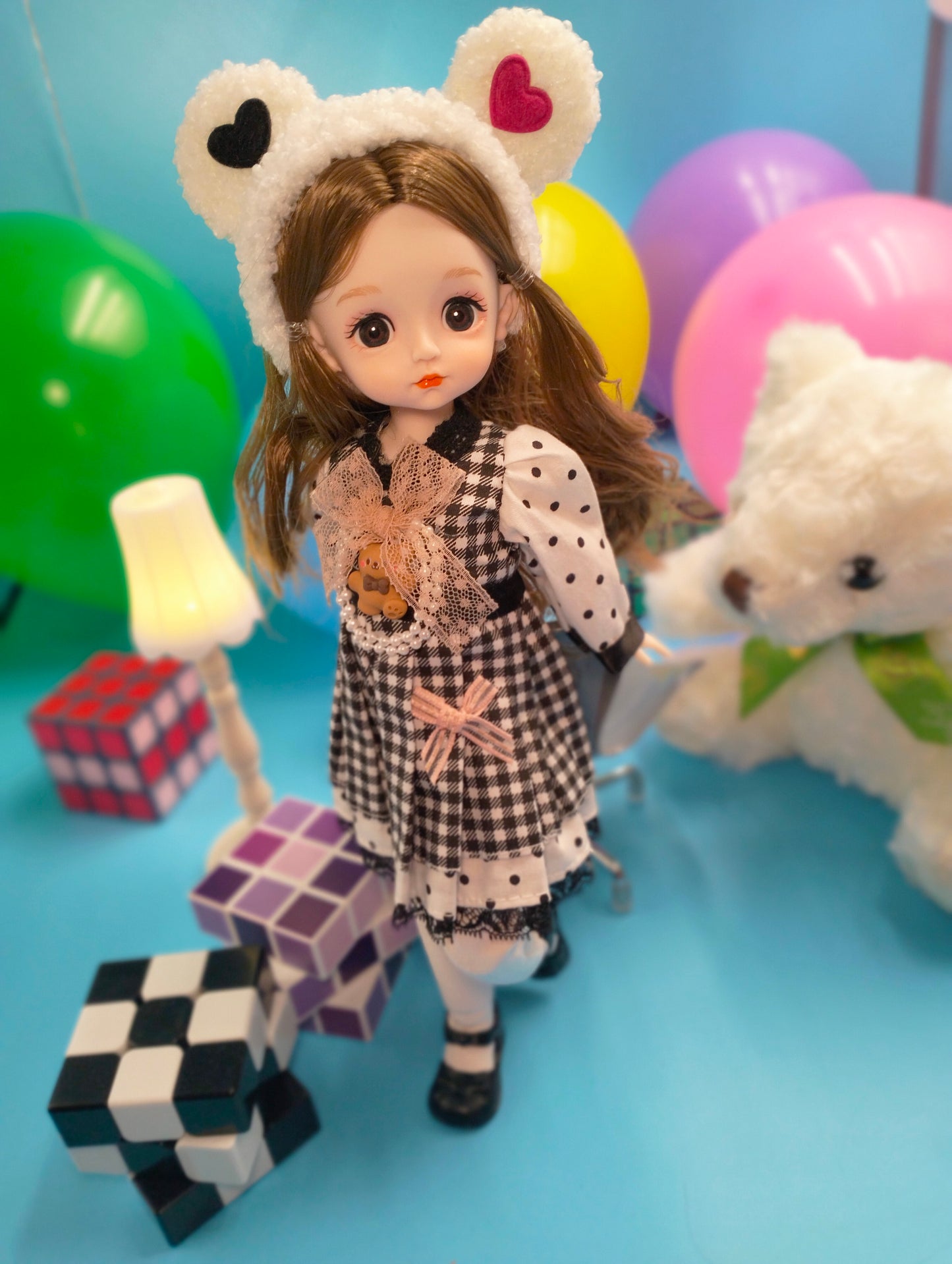 Cute brunette with bear hat 30cm BJD Doll