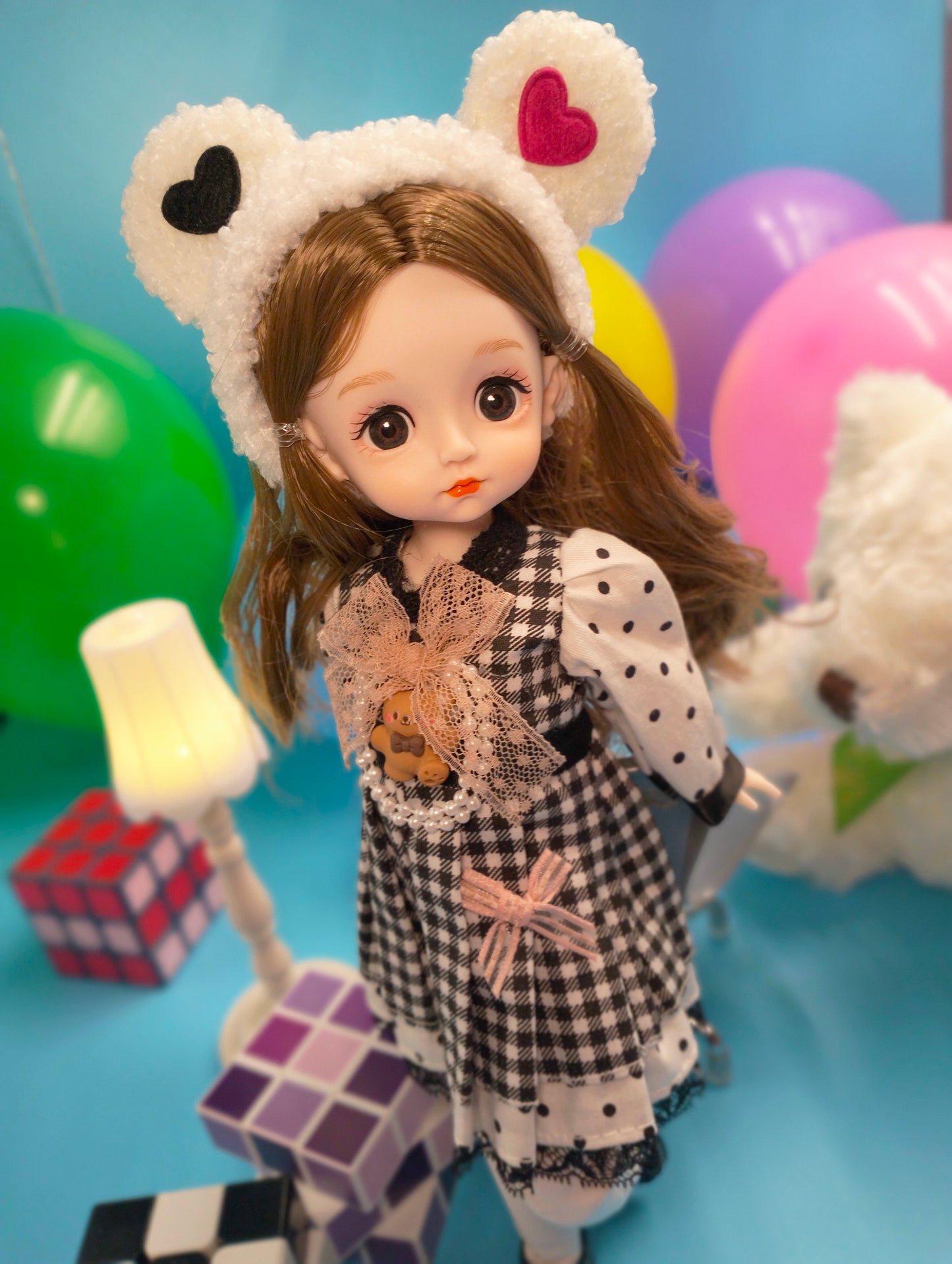 Cute brunette with bear hat 30cm BJD Doll