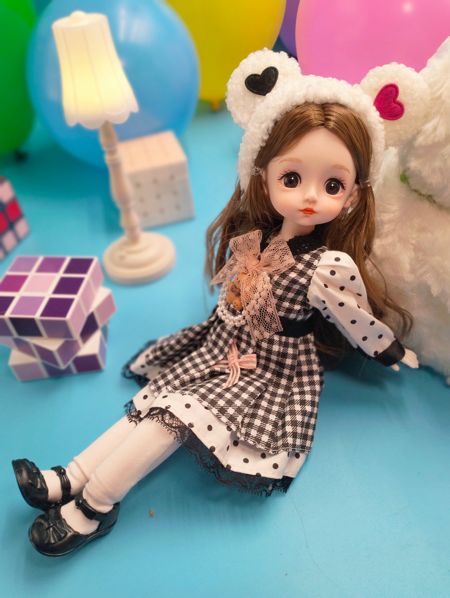 Cute brunette with bear hat 30cm BJD Doll