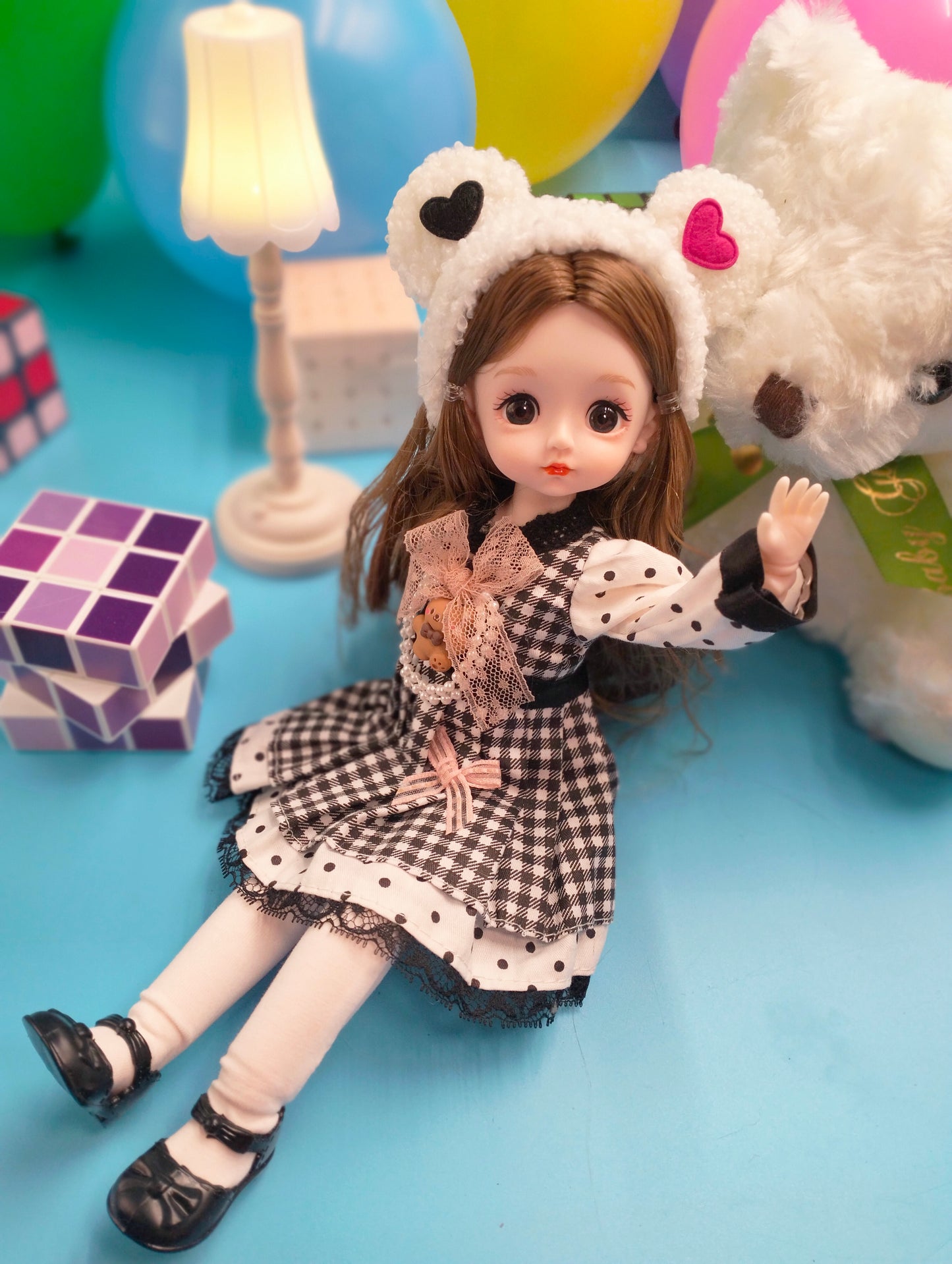 Cute brunette with bear hat 30cm BJD Doll