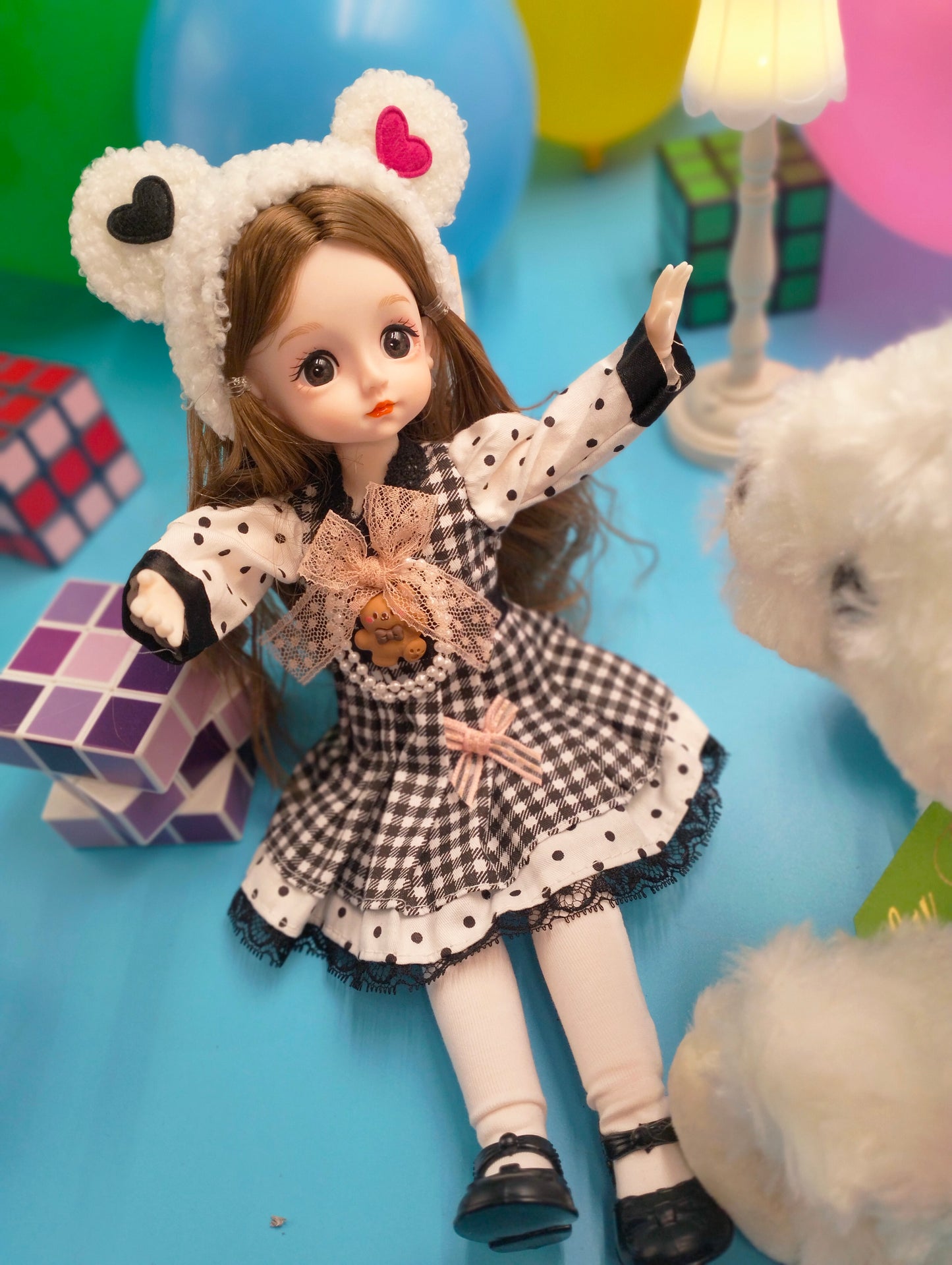 Cute brunette with bear hat 30cm BJD Doll